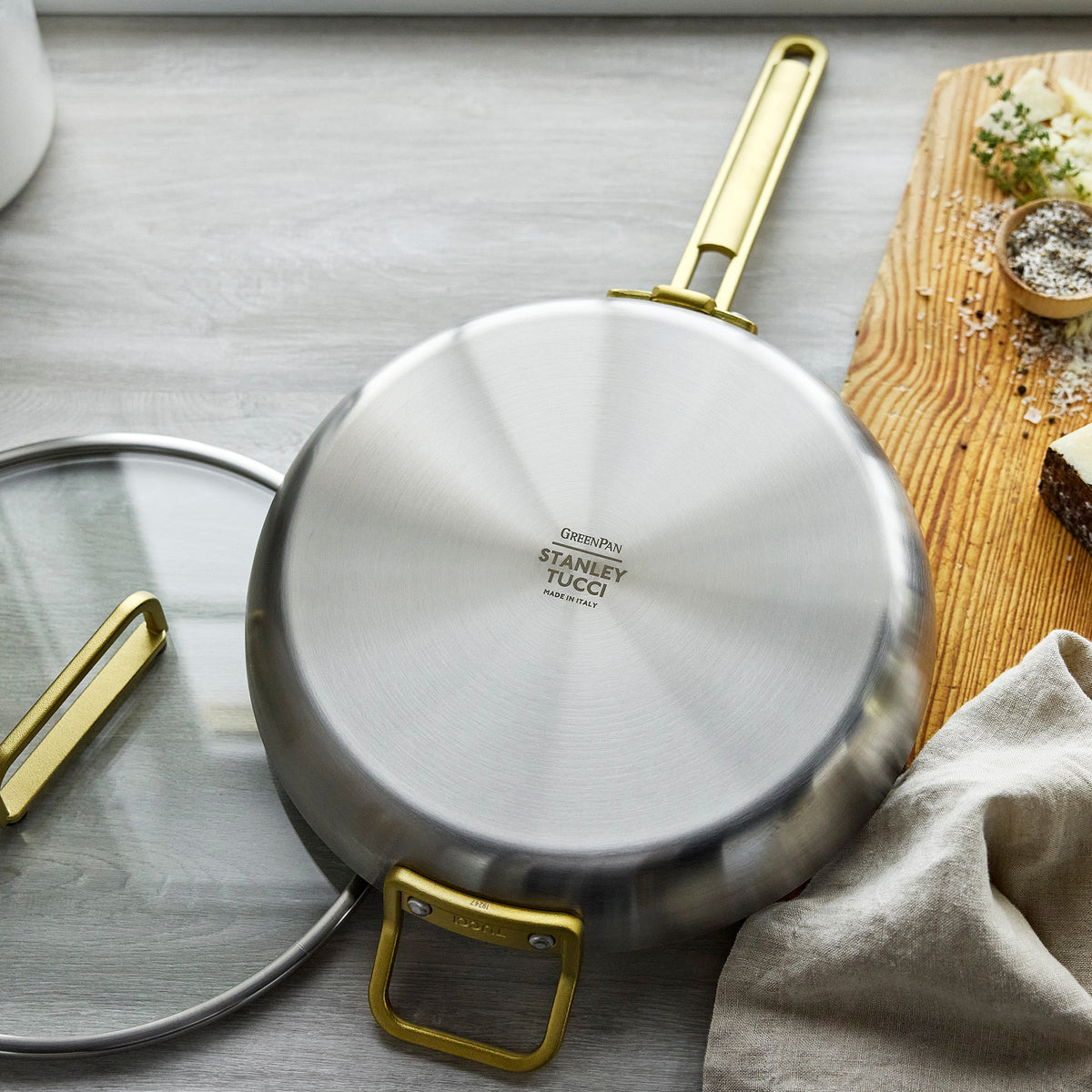Stanley Tucci™ 12-Inch Stainless Steel Ceramic Nonstick Fry Pan with Lid - Champagne Handle - Perfect for Sautéing, Frying & Cooking Family Meals