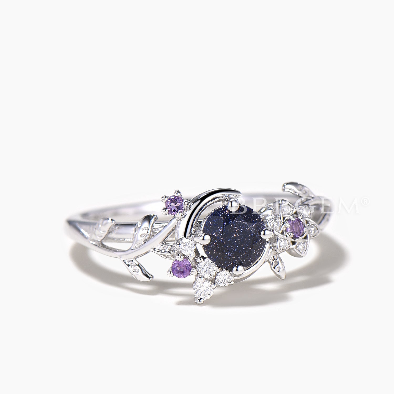Round Galaxy Blue Sandstone Amethyst Moon Leaf Engagement Ring - Elegant Wedding Band for Women, Unique Handmade Jewelry Gift for Brides, Anniversaries & Special Occasions