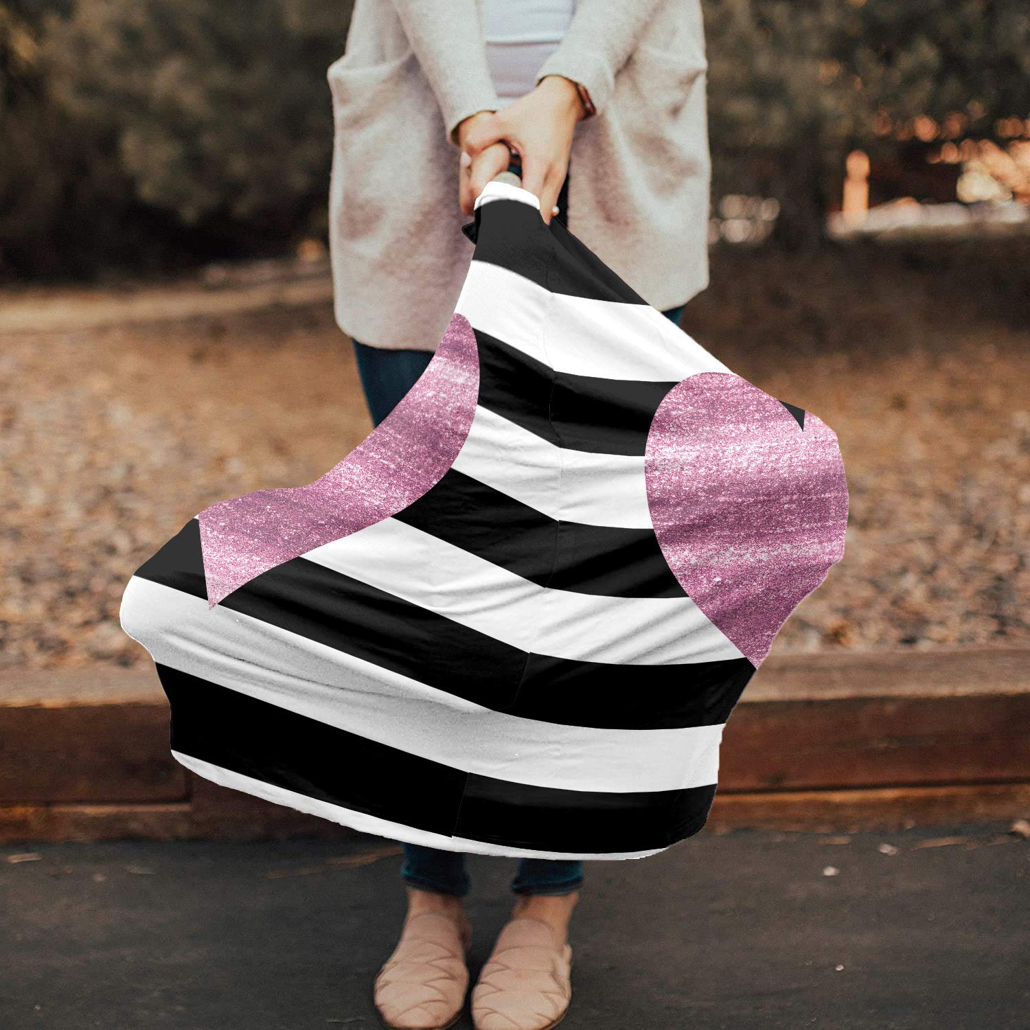 Breastfeeding Cover Scarf - Stretchy Soft & Breathable Nursing Poncho for Baby, Kids Car Seat & Stroller Cover - Heart Pink & Striped White Black Design - Perfect for Nursing Privacy, Travel & Outdoor Use