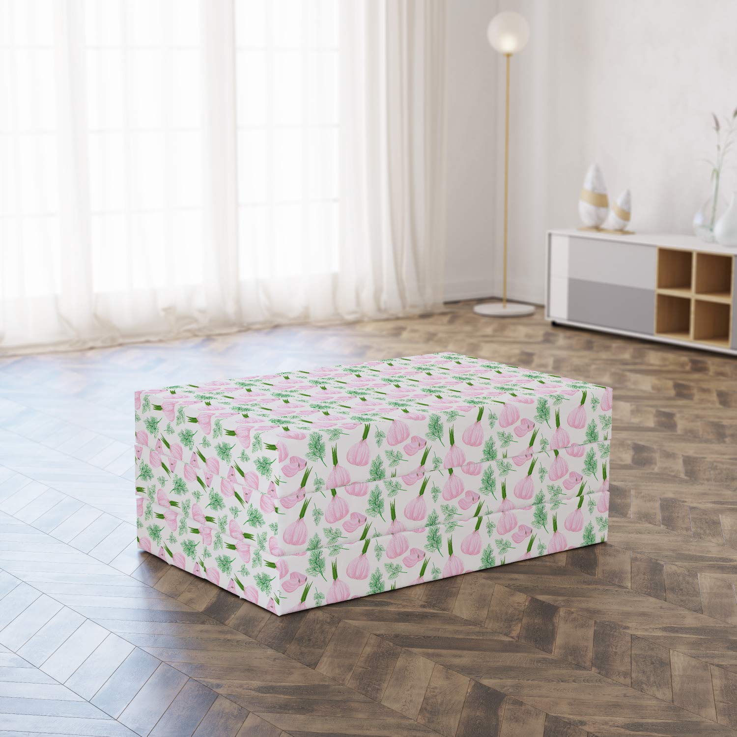 Ambesonne Foldable Mattress with Garlic & Vegetable Art Print - 74.8 x 39.4 Inches - Fern Green & Pale Mauve - Lightweight Portable Guest Bed for Home, Camping & Travel