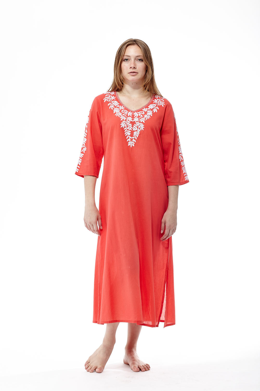 La Cera 3/4 Quarter Length Sleeve Embroidered Caftan Dress for Women - Boho Chic Beach Cover Up, Resort Wear & Summer Evening Outfit