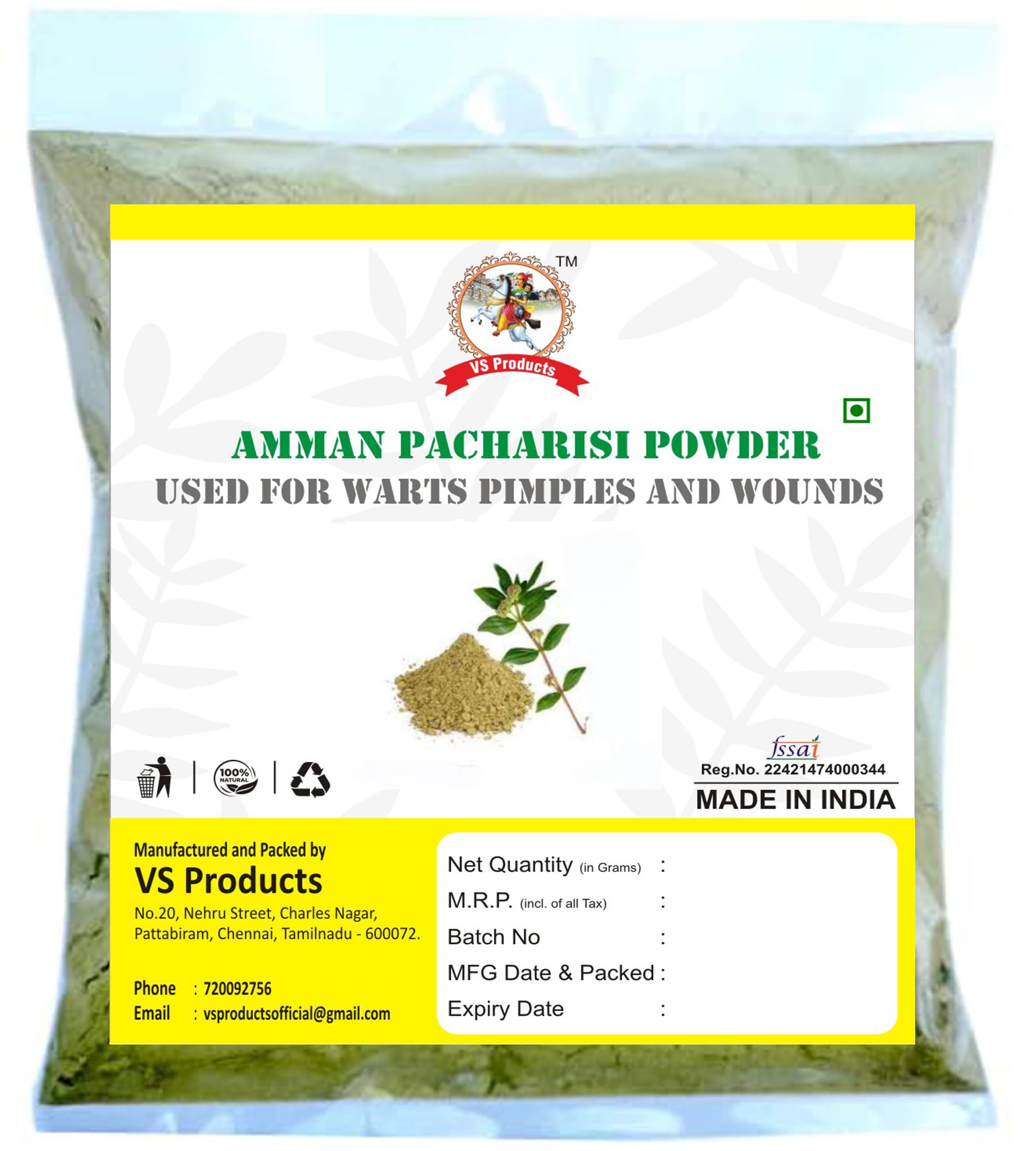 VS Products Amman Pacharisi Powder 850g | Euphorbia Hirta Powder | Dudhi Powder for Warts, Pimples & Wounds | Natural Herbal Remedy | Pack of 8 x 100g or 1 x 50g | Skin Care & First Aid Solution