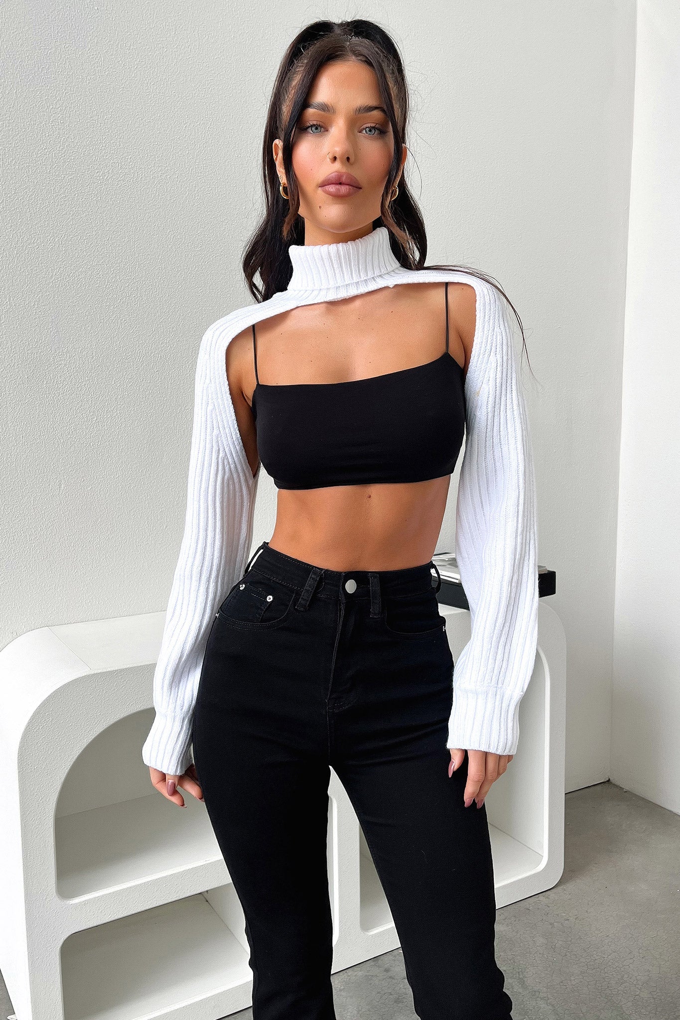 Evie Women's White Turtleneck Shrug Sweater - Cozy Knit Cardigan for Fall & Winter, Perfect for Office, Date Night & Casual Outfits