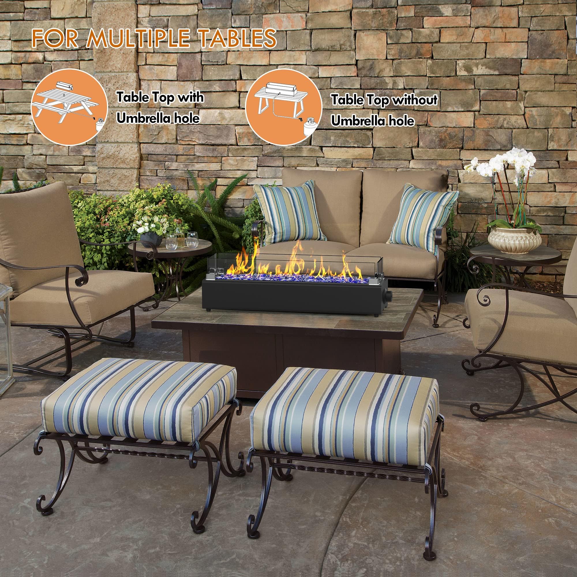 28-Inch Black Table Top Propane Fire Pit - 40,000 BTU Outdoor Portable Fireplace with Windproof Glass Shield & Decorative Glass Rocks - Perfect for Patio, Deck, Backyard, and Camping Gatherings