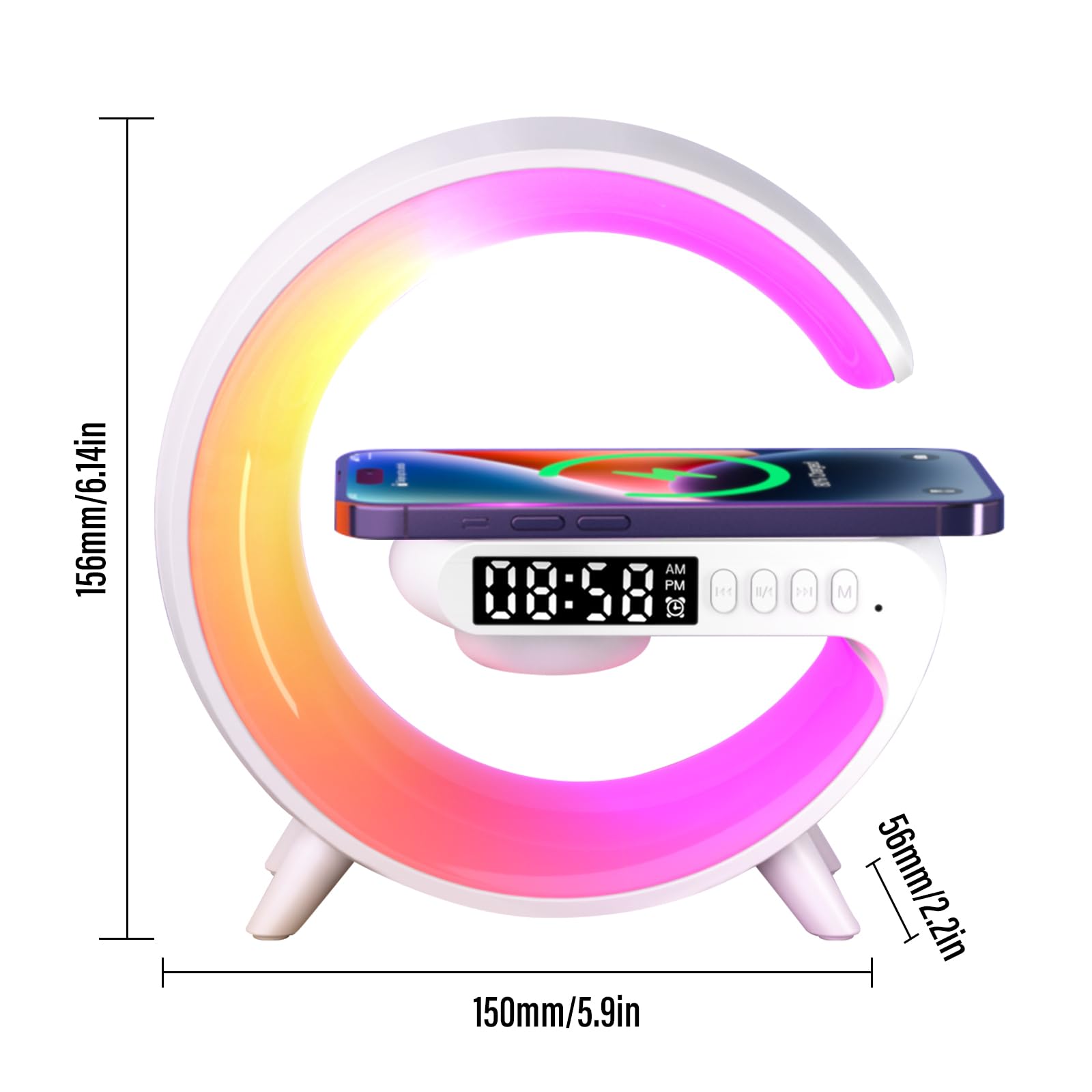 Wireless Charging LED Night Light with Bluetooth Speaker & Alarm Clock - Multifunctional Atmosphere Lamp for Bedroom, Dorm, Office Desk - Perfect Gift for Kids & Adults (Home Decor, Study Lamp, Mood Lighting)