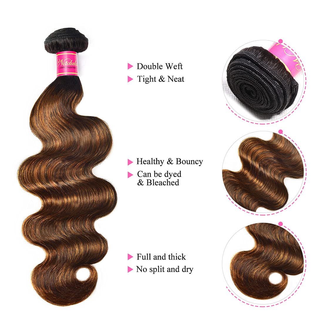 Nadula 12A Brown Balayage Ombre Body Wave Brazilian Human Hair Weave 3 Bundles - Remy Hair Extensions Chocolate Brown Highlight (16 18 20 Inch) for Women - Perfect for Daily Wear, Parties & Special Occasions