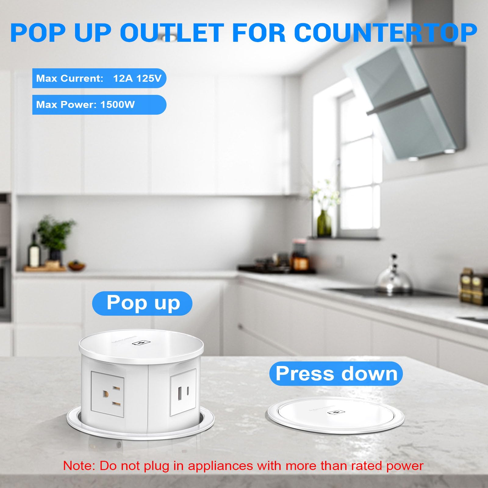 XBA Pop Up Outlet with 15W Fast Wireless Charger | 4 AC Outlets + 1 USB-A & 1 USB-C Port | Hidden Recessed Power Strip for Kitchen Countertop & Home Office Desk | 4.7