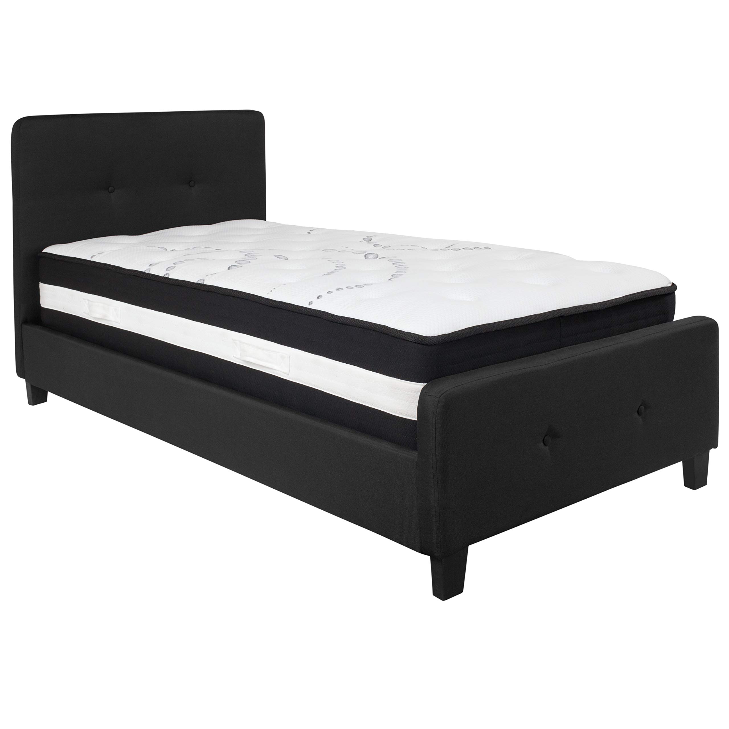 Flash Furniture Tribeca Twin Size Tufted Upholstered Platform Bed with Pocket Spring Mattress - Black Fabric Modern Bed Frame for Small Spaces, Guest Rooms & College Dorms