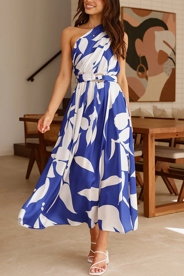 Unique Print Sleeveless One Shoulder Belted Maxi Dress for Women - Summer Beach Party, Evening Cocktail & Special Occasion Outfit