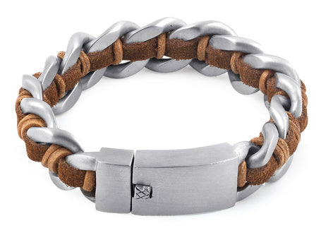 Stainless Steel Chain Brown Leather Bracelet for Men & Women - Durable Fashion Jewelry for Casual Wear, Gift Giving & Everyday Accessories