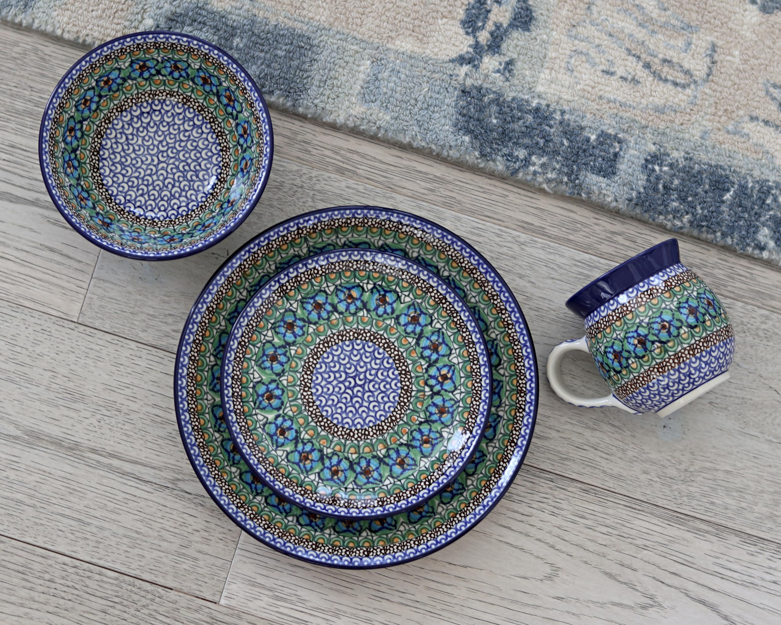 Blue Rose Polish Pottery Mardi Gras 16-Piece Dinner Set - Elegant Dinnerware for Holidays, Parties & Special Occasions