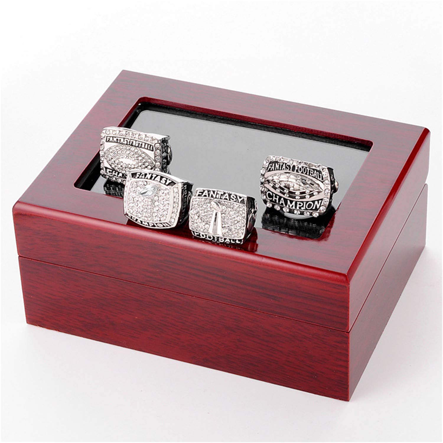 Jiustars Fantasy Football Championship Ring Set for Men - 2014-2017 NFL Season Collector's Gift with Wooden Display Box - Perfect for Super Bowl Parties, Fantasy League Awards & Sports Memorabilia Collections
