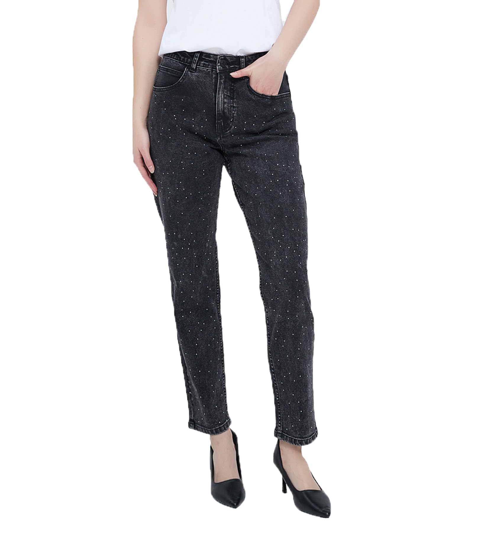 Stylish Women's High Waist Skinny Jeans with Rhinestone Details - Stretchy Denim Ankle Pants with Functional Pockets | Perfect for Casual Outings, Date Nights & Office Wear