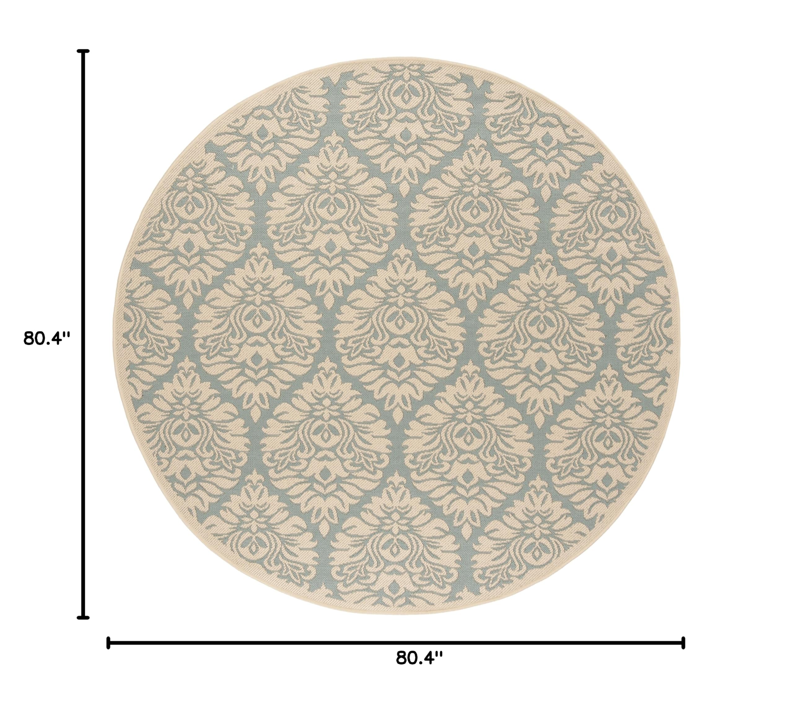 SAFAVIEH Linden Collection 6'7'' Round Aqua & Cream Area Rug - Indoor/Outdoor Non-Shedding Easy-Clean Damask Ogee Design - Perfect for Patio, Backyard, Porch, Deck & Mudroom Decor