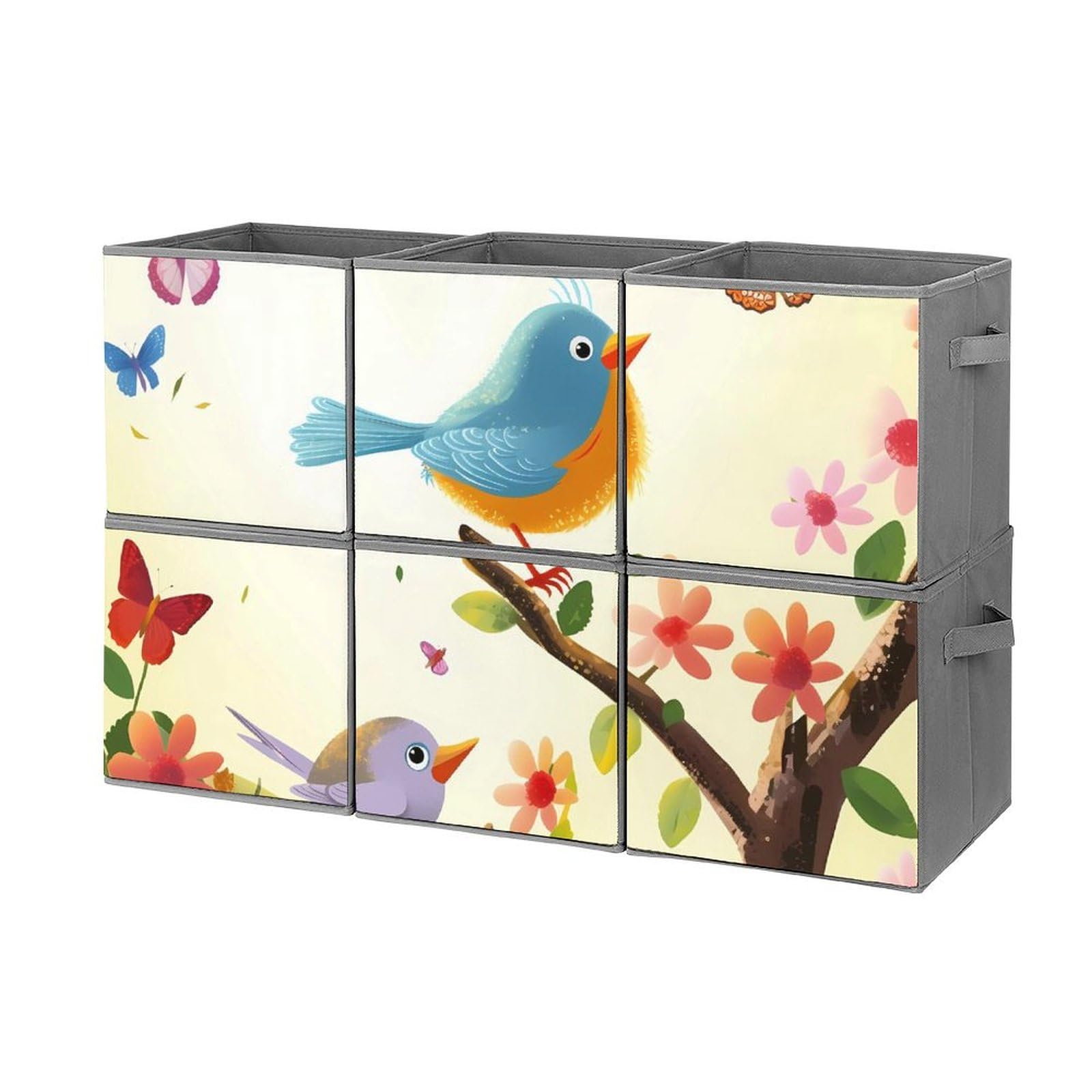 6-Pack Collapsible Storage Bins with Handles - Birds & Butterflies Design, Large Closet Organizer for Clothes, Toys, Blankets | Perfect for Bedroom, Nursery, Dorm & Home Organization