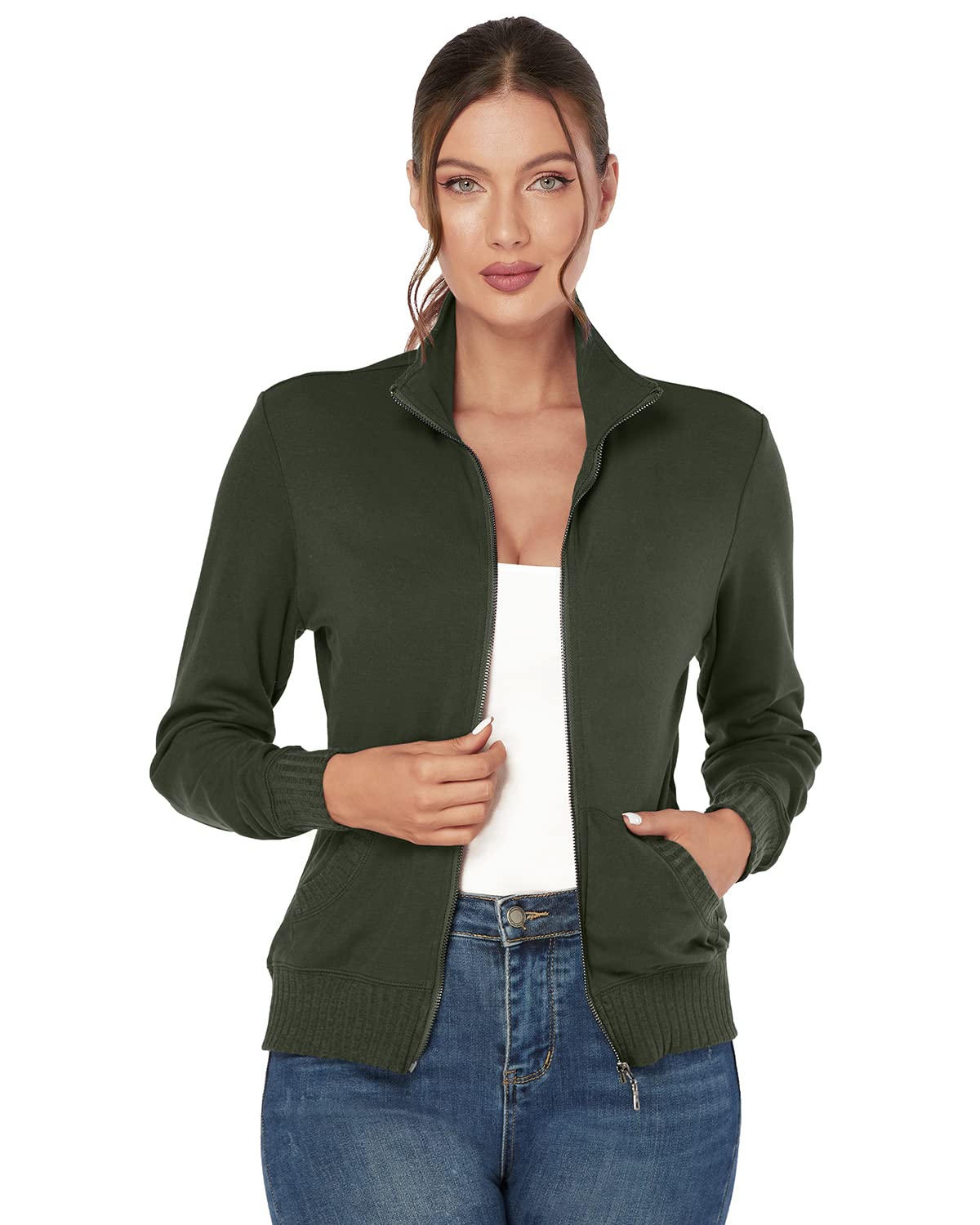 J.Corrine Women's Zip Up Hooded Sweatshirt Jacket - Stand Collar Long Sleeve Athletic Running Track Jacket with Pockets - Navy Blue - Perfect for Gym, Jogging & Casual Wear