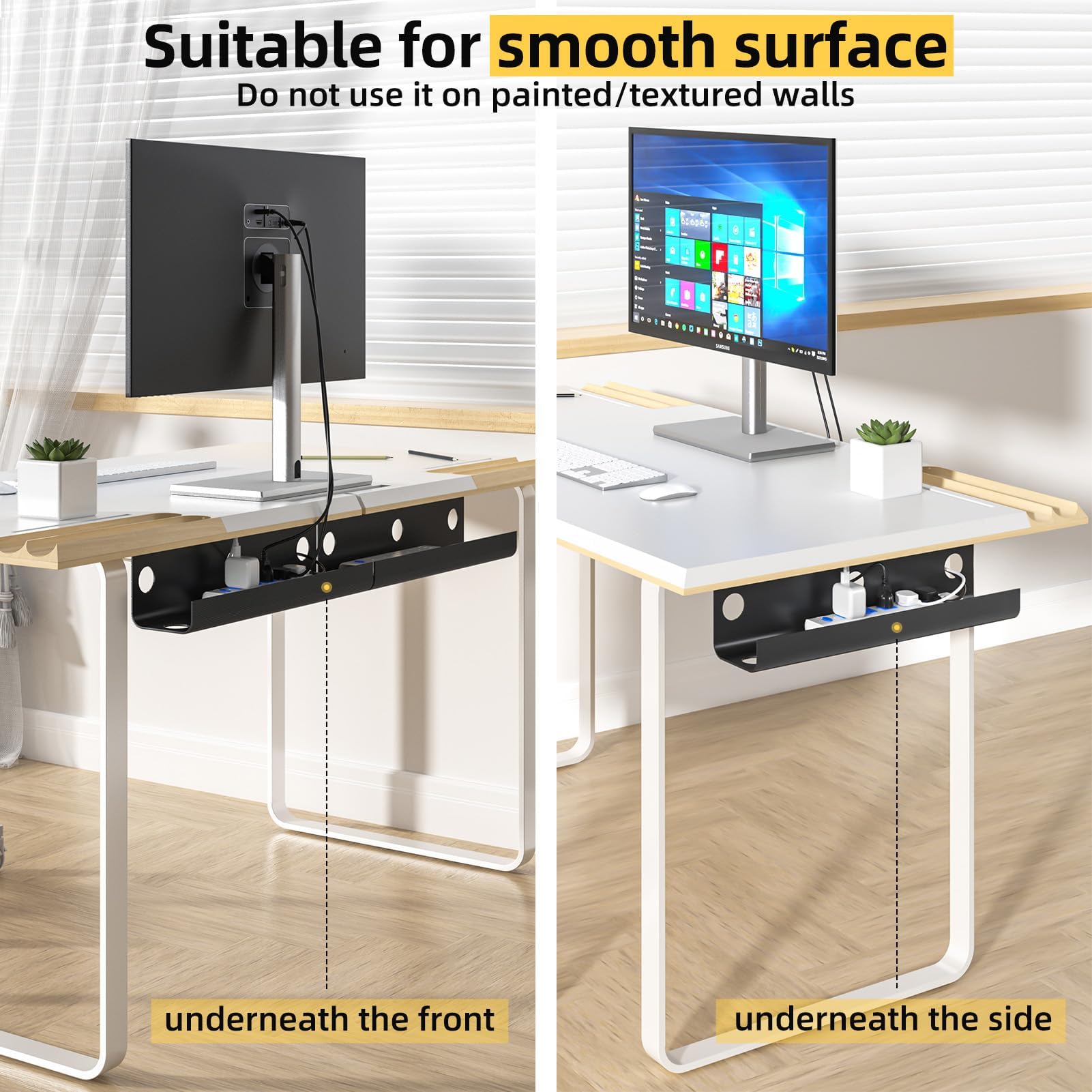 Yecaye 2 Pack Under Desk Cable Management Tray - 31.5 Inch Cord Organizer & Hider, No Screw No Drill Wire Management System for Office & Home (Black) - Perfect for Home Office Setup & Computer Desk Organization