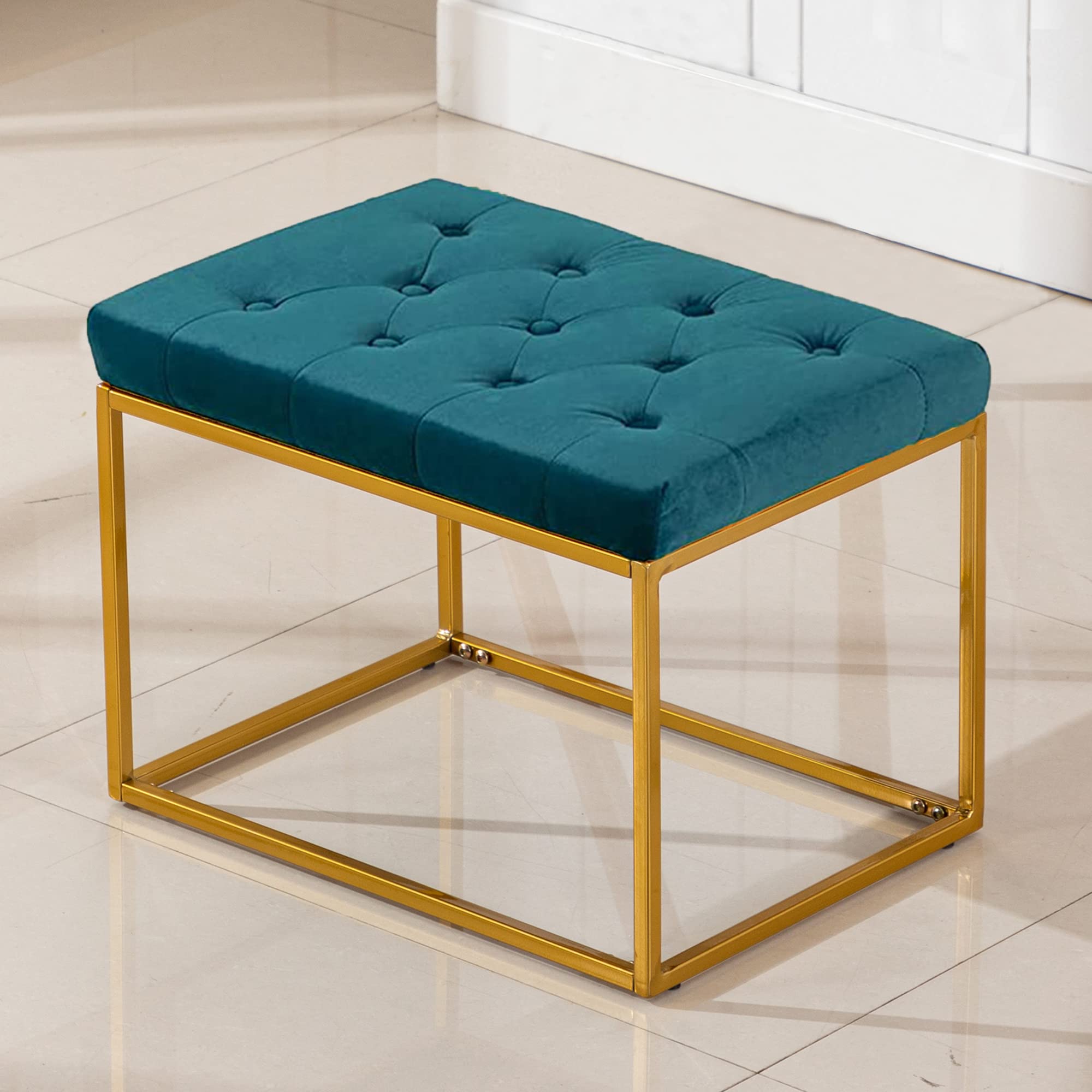 Krinana Modern Velvet Vanity Stool with Tufted Upholstery & Golden Metal Base - Ottoman Foot Rest Chair for Living Room, Makeup Room, Bedroom (Teal) - Perfect for Home Decor, Dressing Table & Relaxation