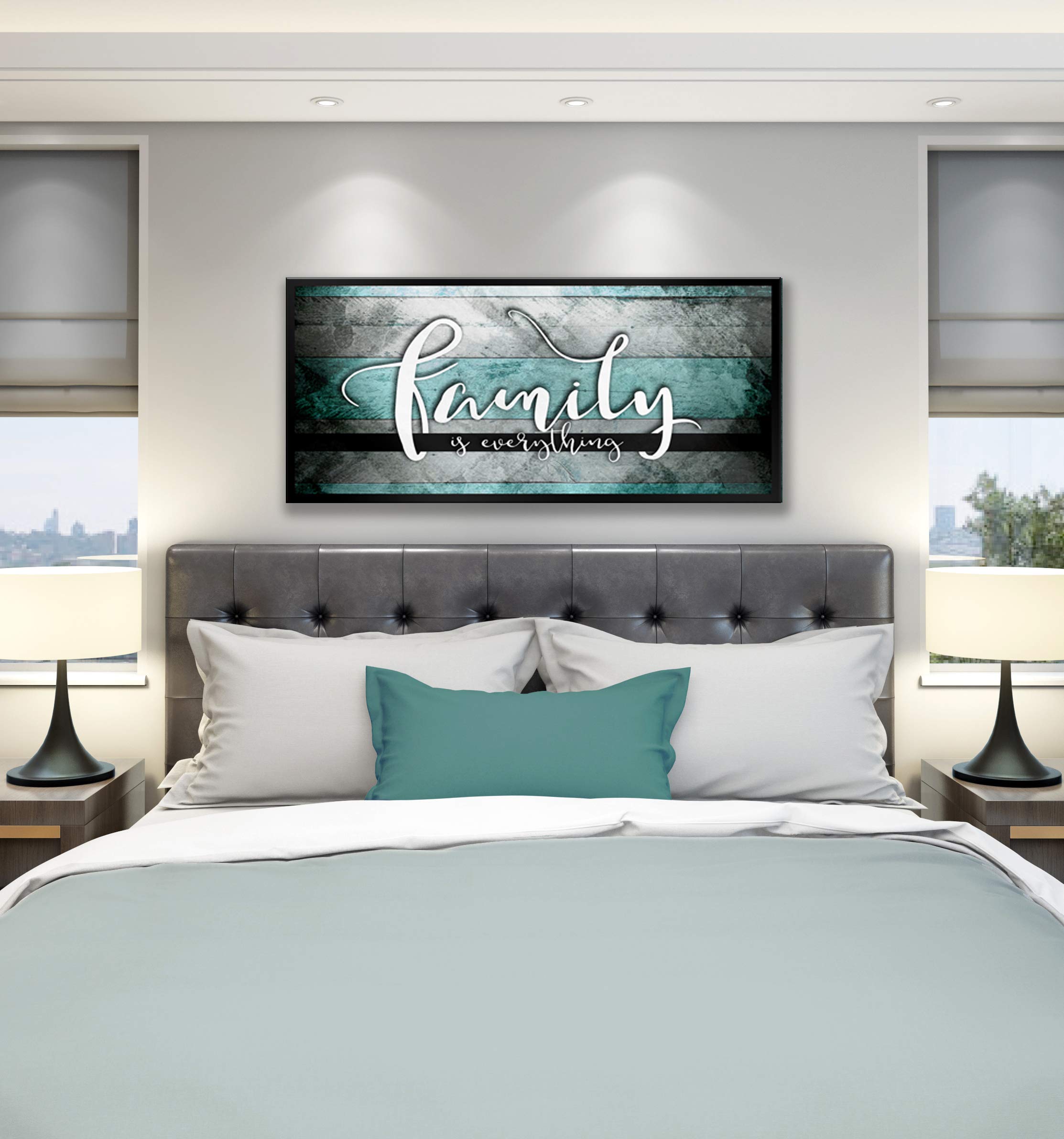 Family Is Everything Wall Art - Large Framed Canvas Painting for Living Room & Farmhouse Decor - Teal & Black Floating Frame 42x19 - Perfect for Home, Office & Gift Giving