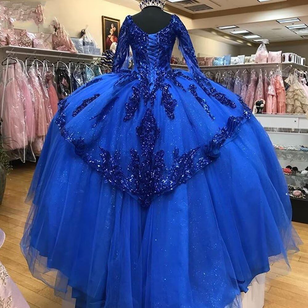 2025 V-Neck Sequined Tulle Quinceañera Dress with Long Sleeves - Elegant Ball Gown Puffy Prom Evening Dress for Women - Perfect for Sweet 16, Quinceañera, Prom & Formal Events