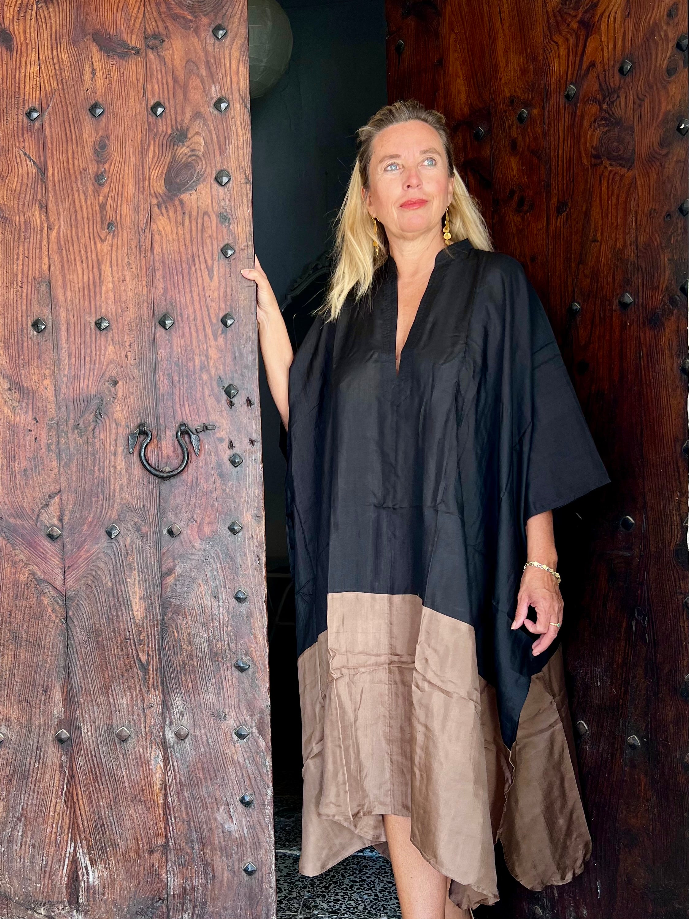 Elegant Black and Beige Silk Kaftan - Medium Length Women's Dress for Beach Cover Up, Resort Wear & Summer Evenings