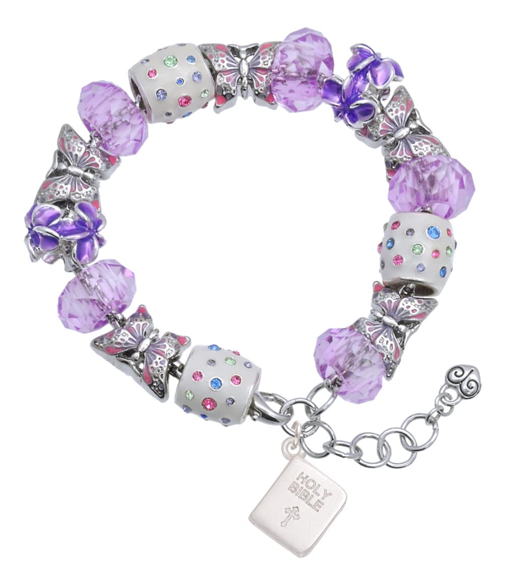 Delight Jewelry Holy Bible Purple Butterfly Bead Charm Bracelet - 7