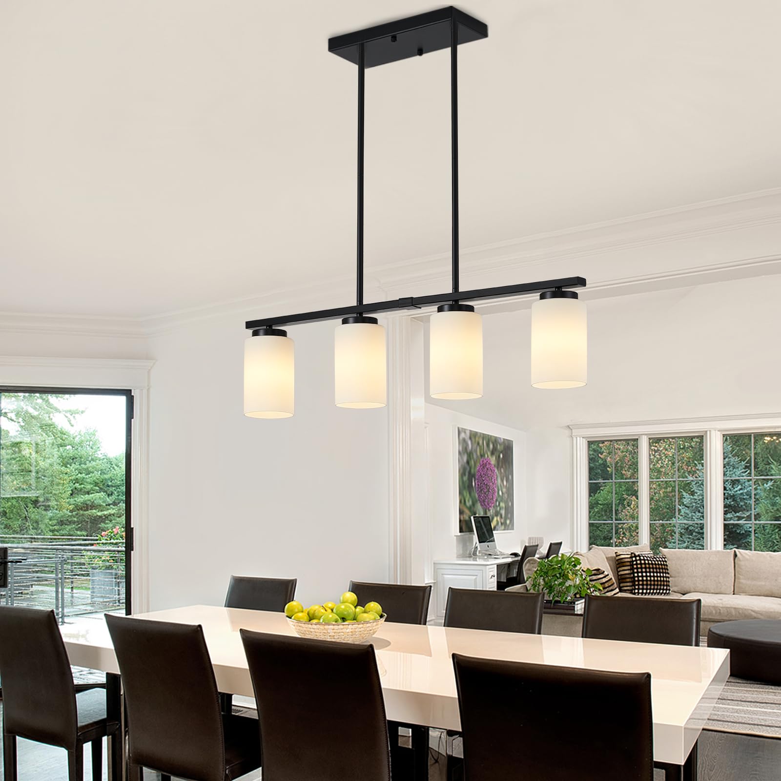 4-Light Farmhouse Linear Chandelier - Adjustable Kitchen Island Lighting with Milky Glass Shades - Rustic Dining Room Pendant Light Fixture for Modern Farmhouse, Restaurant & Breakfast Nook Decor