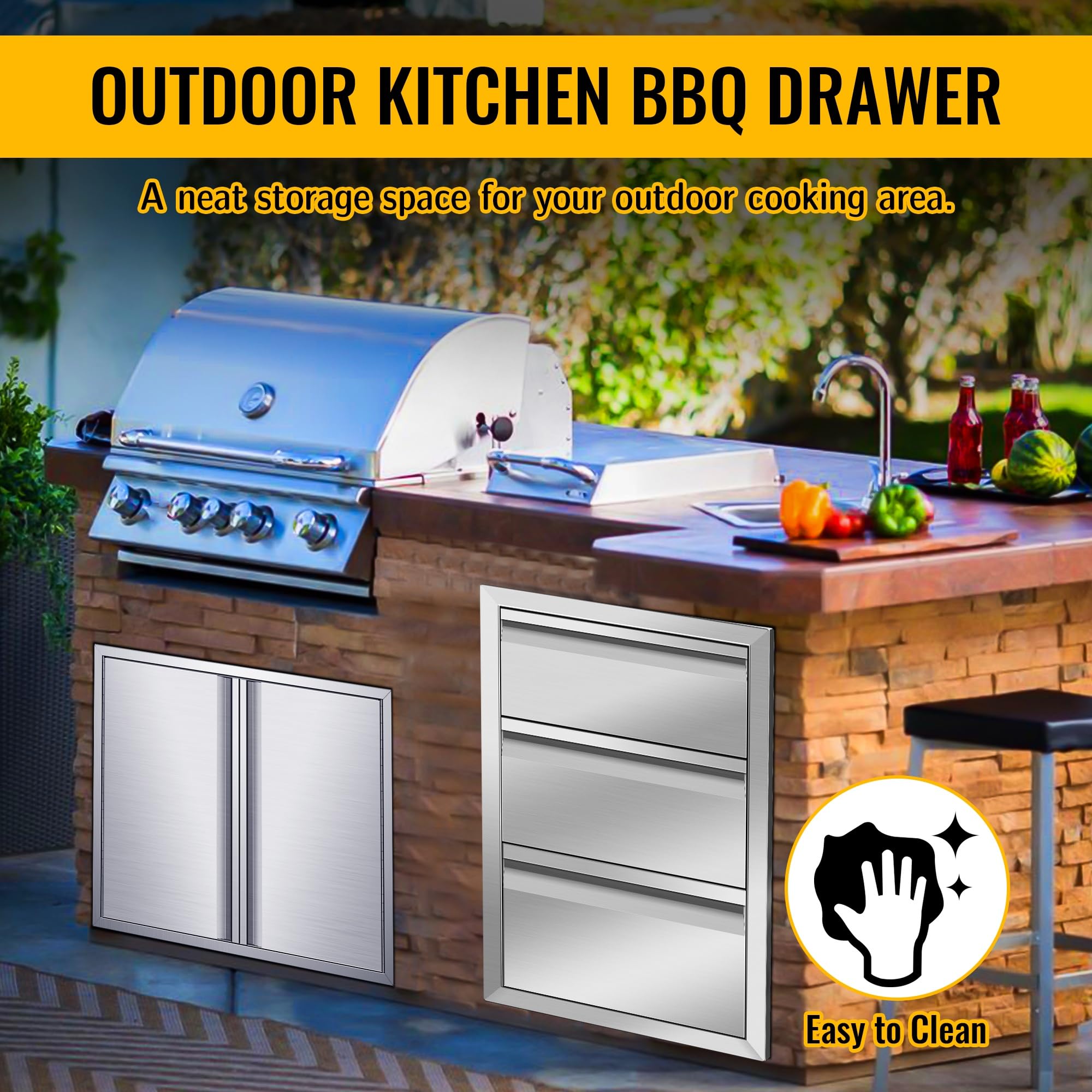 Stainless Steel Outdoor Kitchen Drawers - Flush Mount BBQ Island Drawers Without Handle, 16
