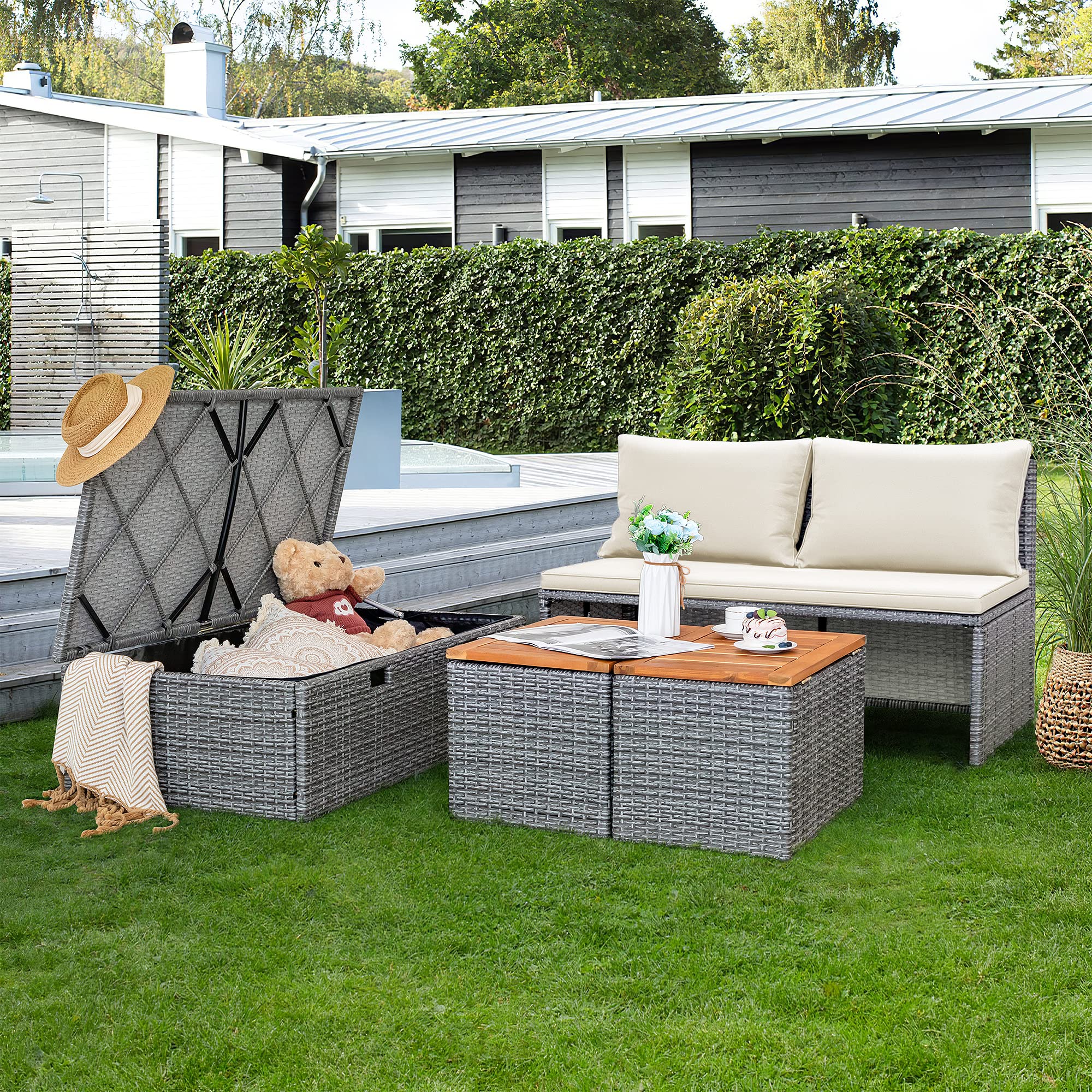 Devoko Outdoor Daybed Set - Multifunctional Patio Lounge Bed with 2 Side Tables, Wicker Rattan Furniture for Backyard, Porch, Poolside, Lawn & Beach (Beige White) - Perfect for Sunbathing, Relaxing & Outdoor Entertaining