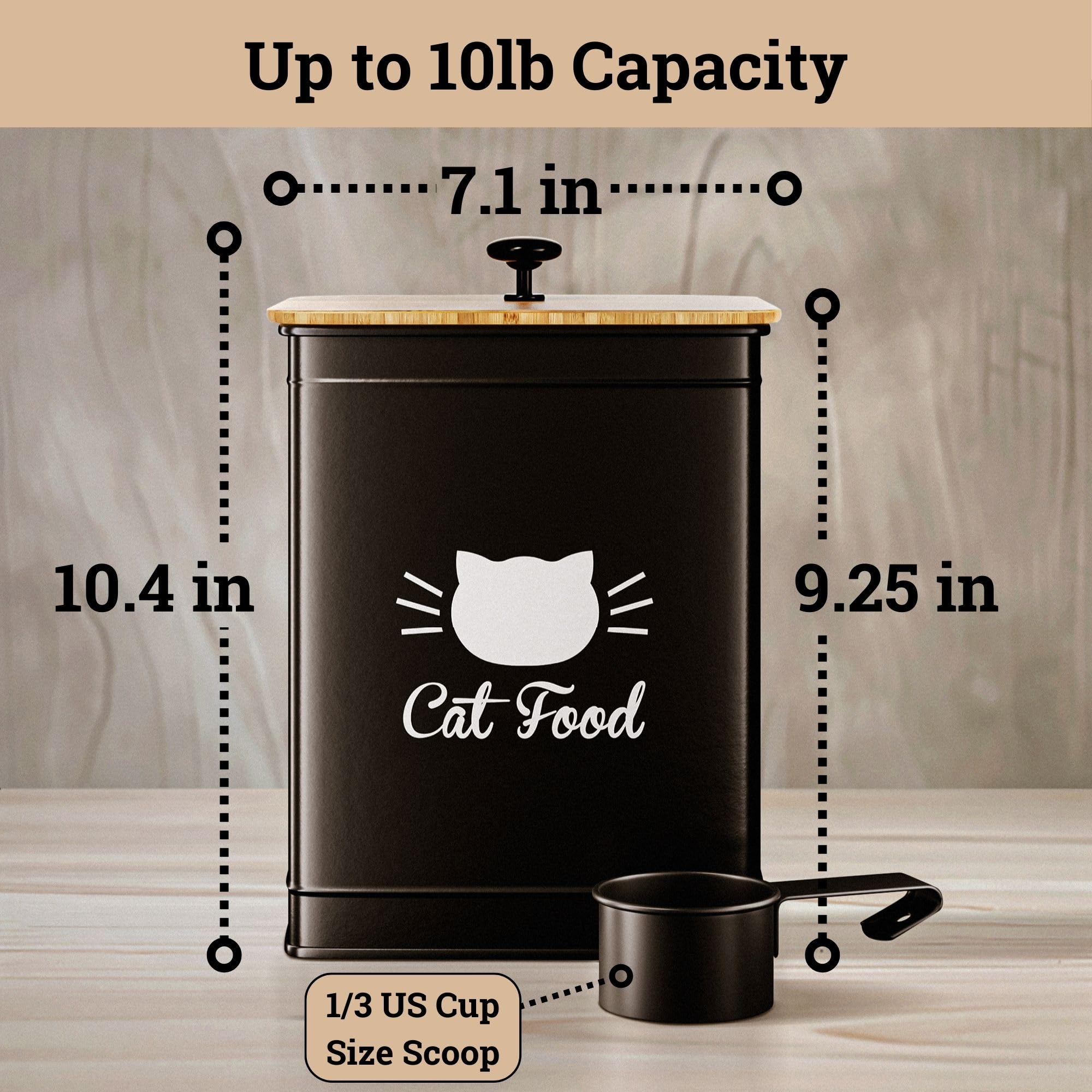 Airtight Cat Food Storage Container with Scoop - 5-10 lb (25 Cup) Capacity Metal Pet Food Bin with Bamboo Lid & Measuring Scoop - Perfect for Dry Kibble Storage in Kitchens, Pantries or Pet Feeding Areas