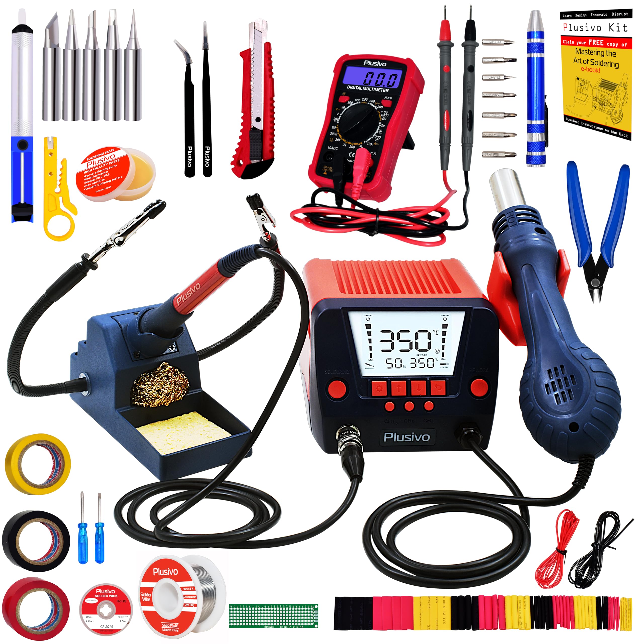 Digital Soldering Iron Station with Hot Air Rework & 2 Helping Hands - 5 Replaceable Tips, Auto Sleep, °C/°F Conversion - Complete Electronics Repair Kit with Multimeter for DIY Projects & Circuit Board Repair