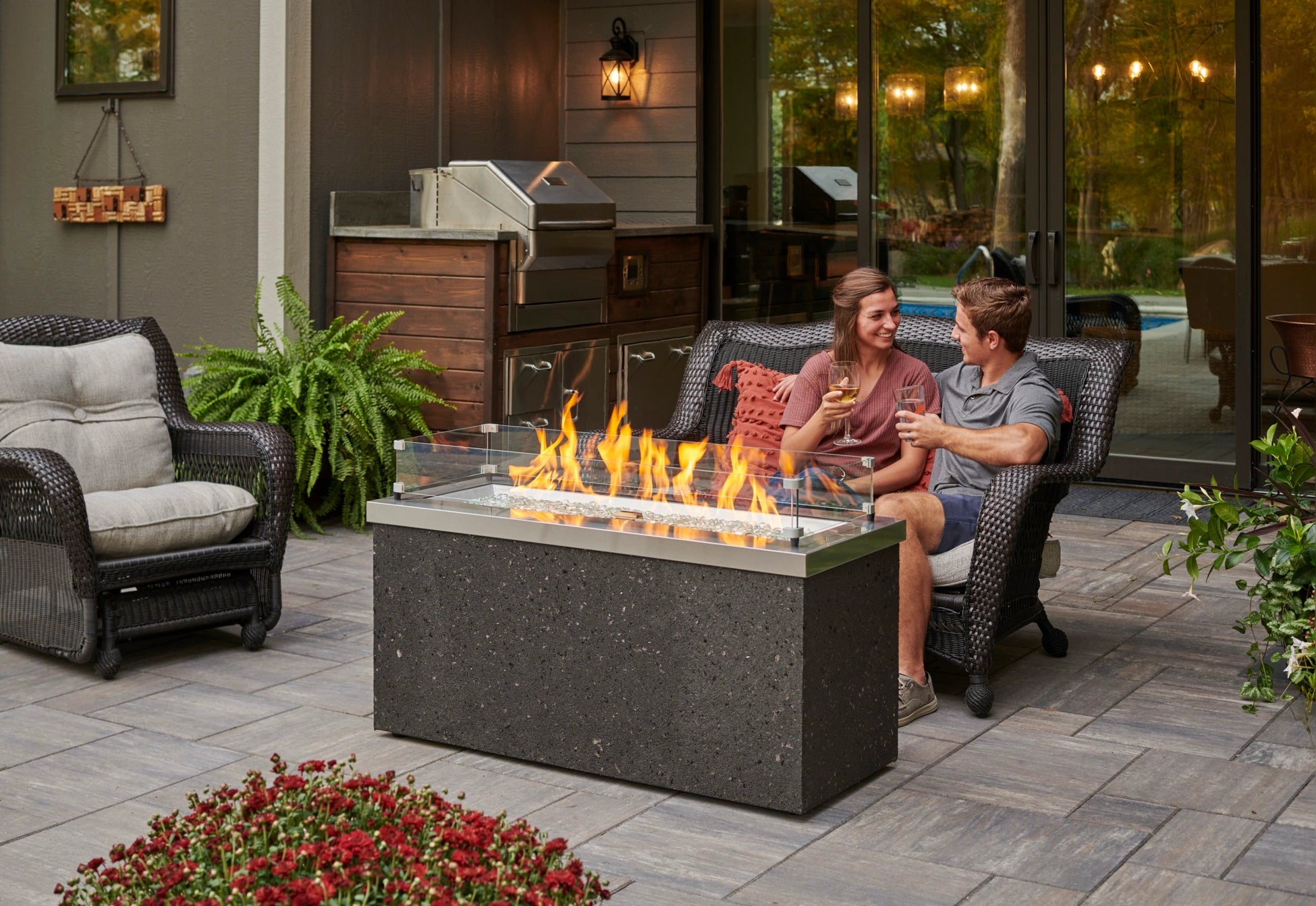 Outdoor Gas Fire Pit Table - The Outdoor Greatroom Company Key Largo Linear Fire Pit for Patio, Backyard, Deck & Poolside Gatherings