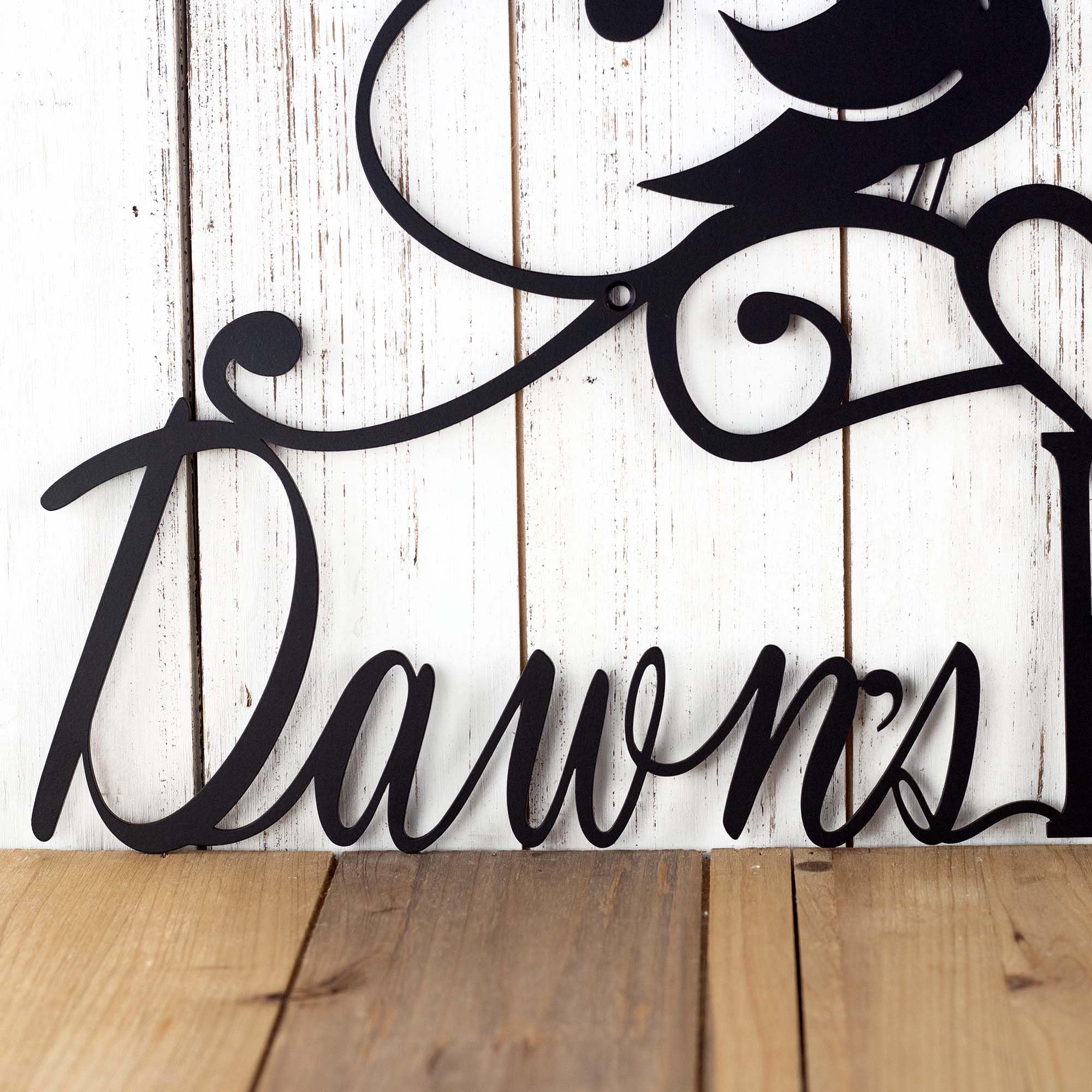 Custom Metal Kitchen Name Sign with Birds, Heart & Scrolls - Personalized Home Decor for Farmhouse, Rustic & Country Style Kitchens