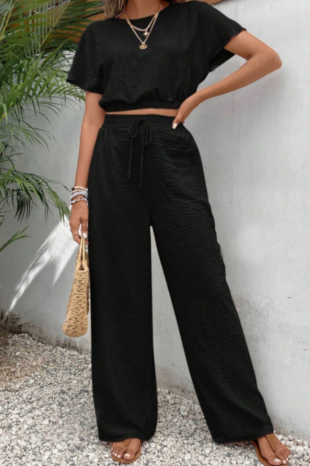 Women's Round Neck Short Sleeve T-Shirt & Resort Lounge Pants Set - Casual Summer Outfit for Beach Vacation, Yoga, and Home Relaxation