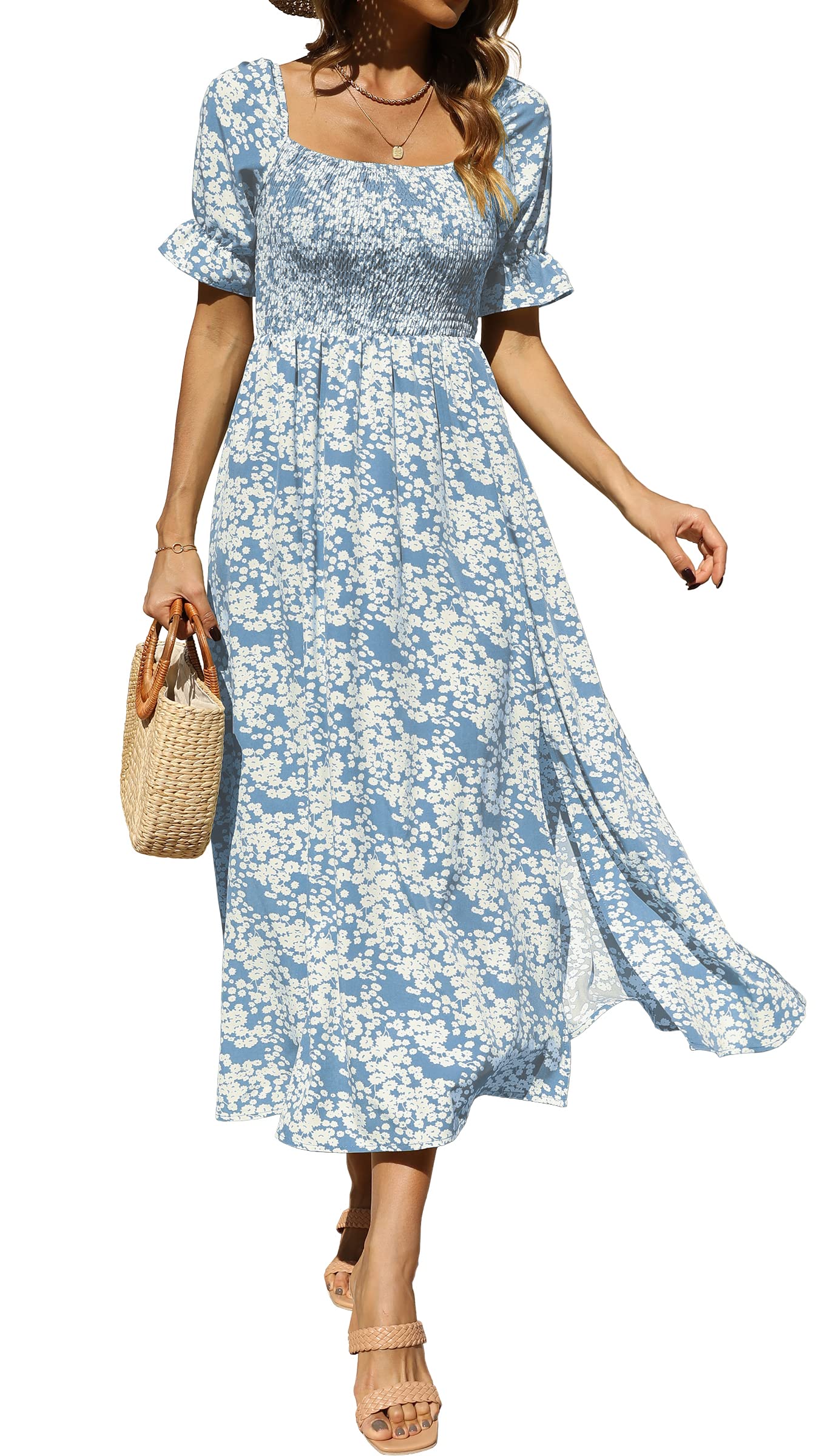 Zuimoaes Women's Bohemian Floral Maxi Dress - Square Neck, Puff Sleeve, Smocked Waist, Side Slit - Perfect for Beach Vacation, Summer Outfits & Casual Wear