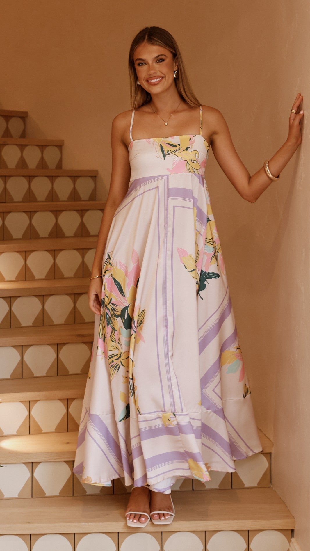 Kaethe Maxi Dress for Women - Elegant Beige & Lilac Flowy Long Dress - Perfect for Beach Vacations, Summer Parties & Casual Outings
