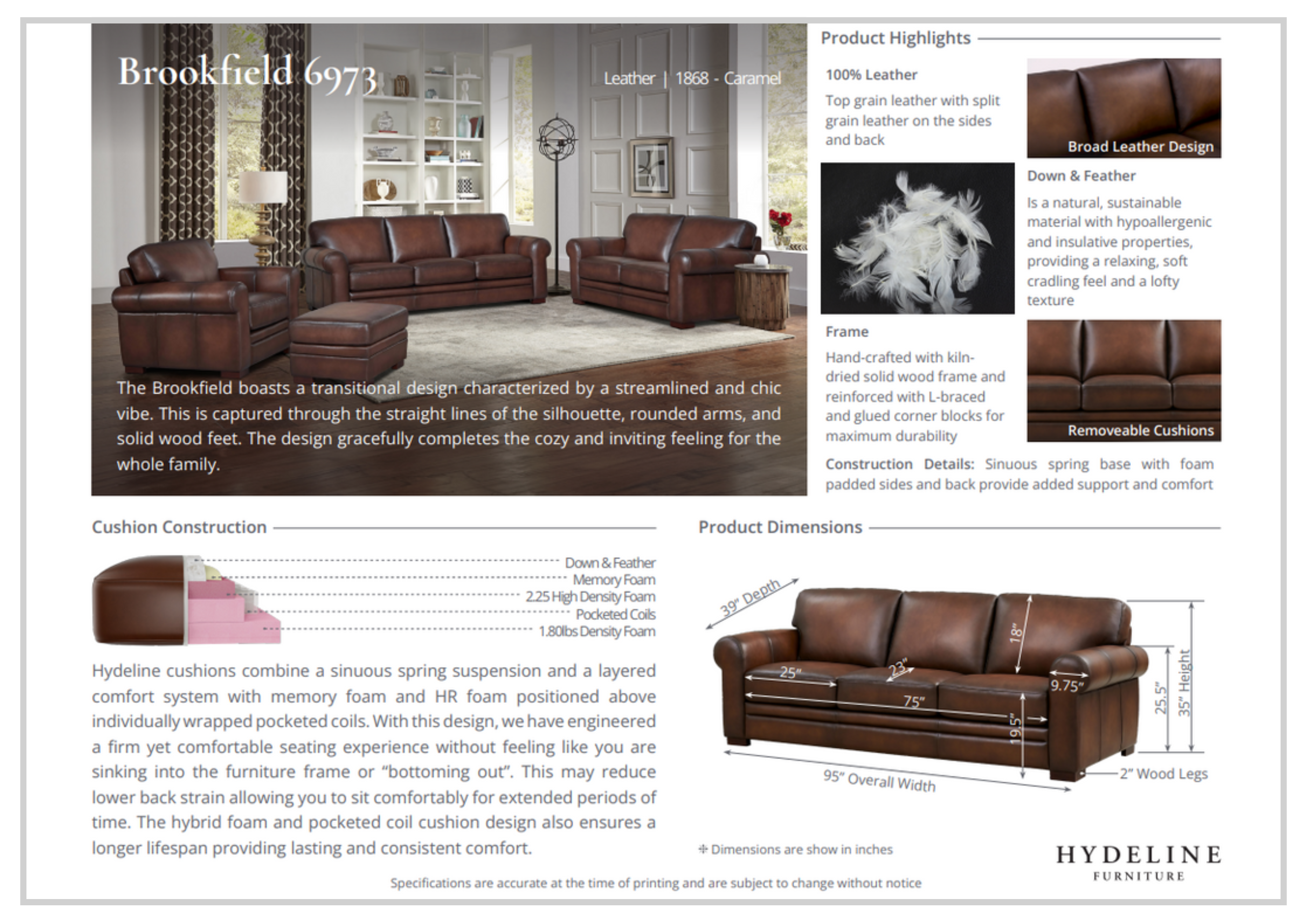 Hydeline Brookfield Brown Top Grain Leather 3-Seater Sofa - Luxurious Genuine Leather Couch for Living Room, Lounge & Home Theater - Perfect for Family Gatherings & Movie Nights