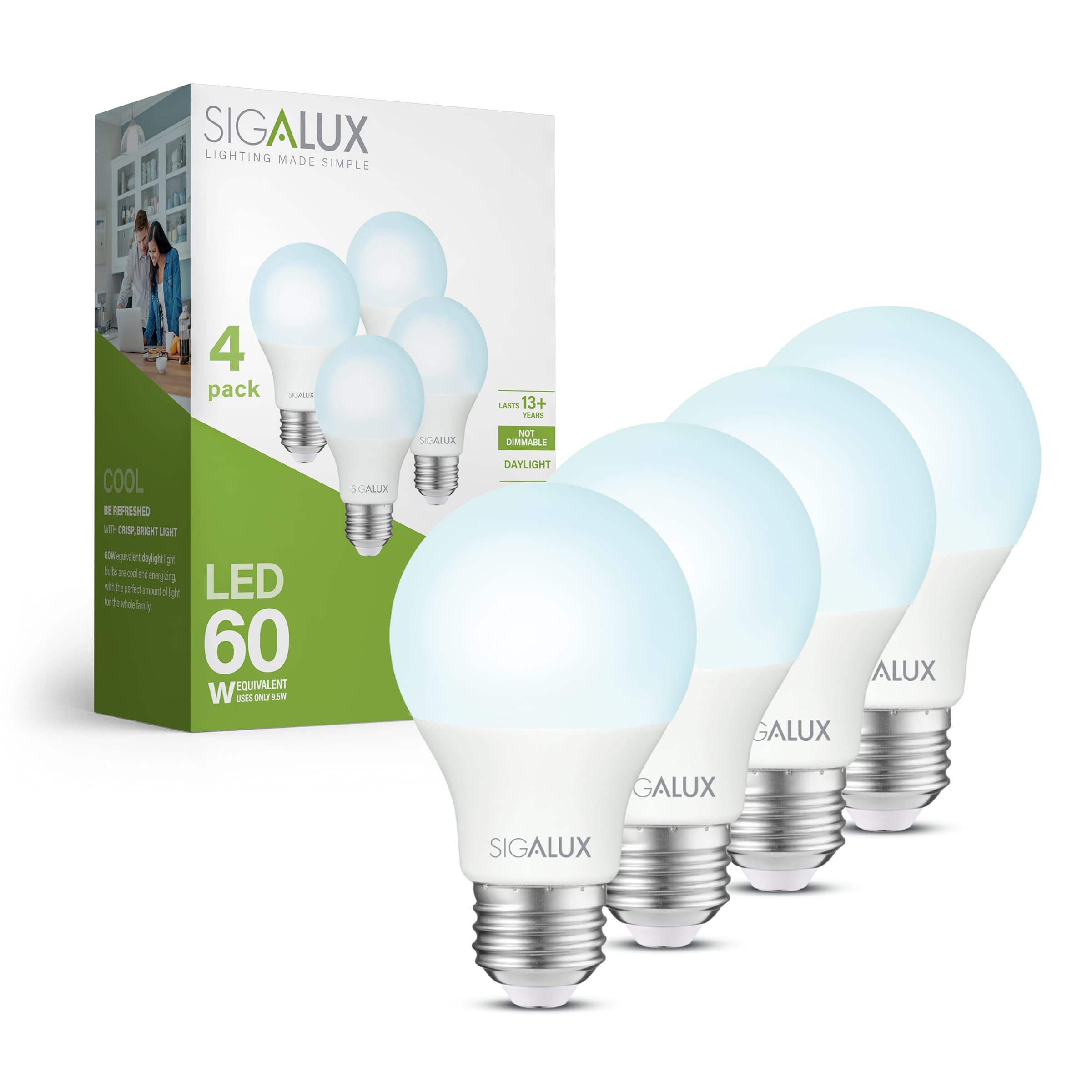 Sigalux 60W Equivalent A19 LED Light Bulb - 5000K Daylight, 800LM, 9.5W, Non-Dimmable, E26 Medium Base, UL Listed (4 Pack) - Perfect for Home, Office, and Workshop Lighting