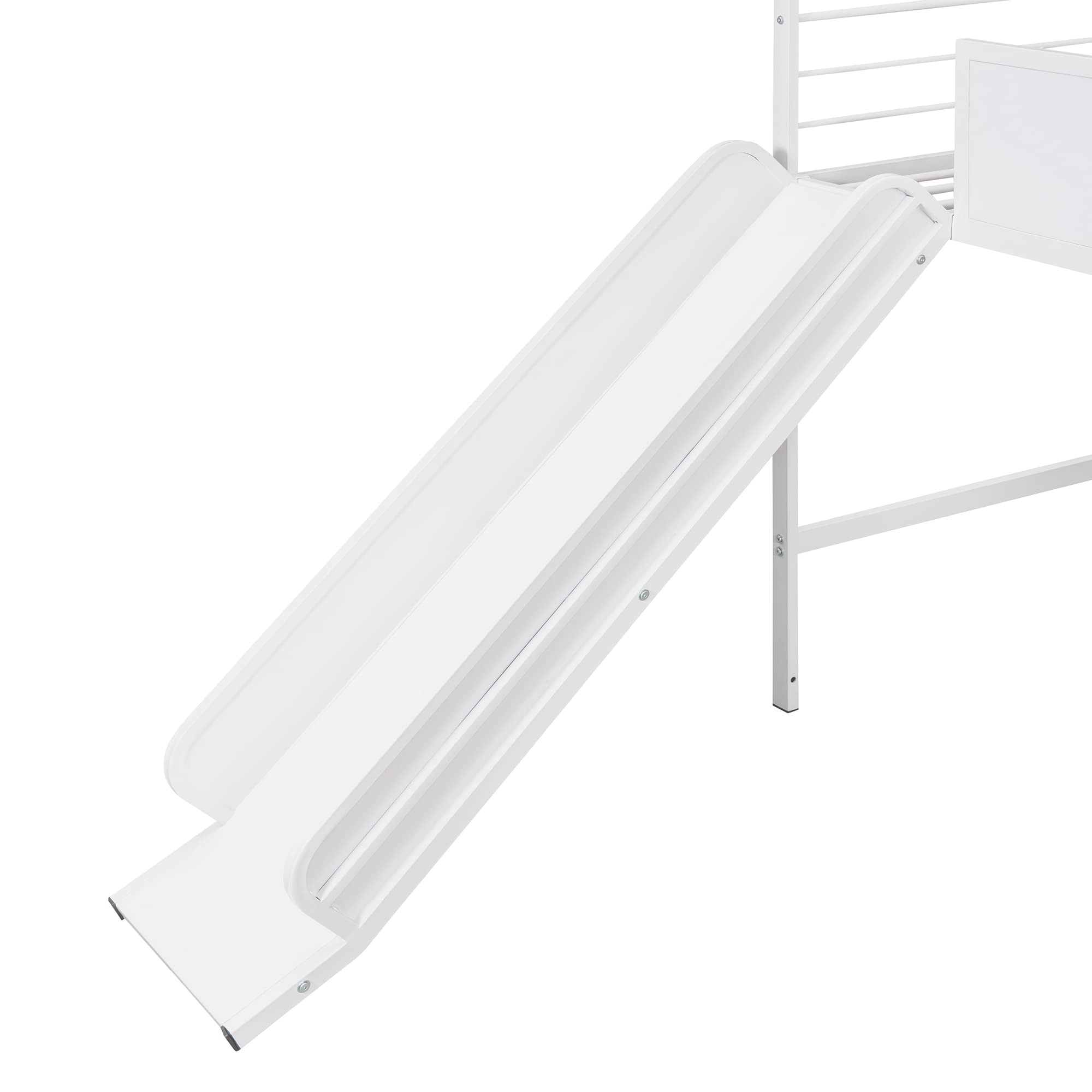 Twin Size Metal Loft Bed with Slide for Kids - Space-Saving Steel House Bed Frame with Writable Wooden Board & Roof - Easy Assembly White Bunk Bed for Boys & Girls Bedroom - Perfect for Small Rooms, Play Areas & Sleepovers