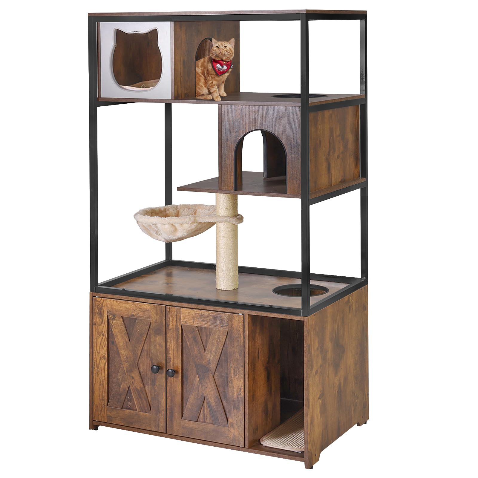 Aivituvin Wooden Cat Litter Box Enclosure Furniture - Hidden Indoor Cat Washroom with Condo, Hammock, Scratching Mat & Storage Shelves | Stylish Pet Furniture for Small Spaces, Apartments & Home Decor