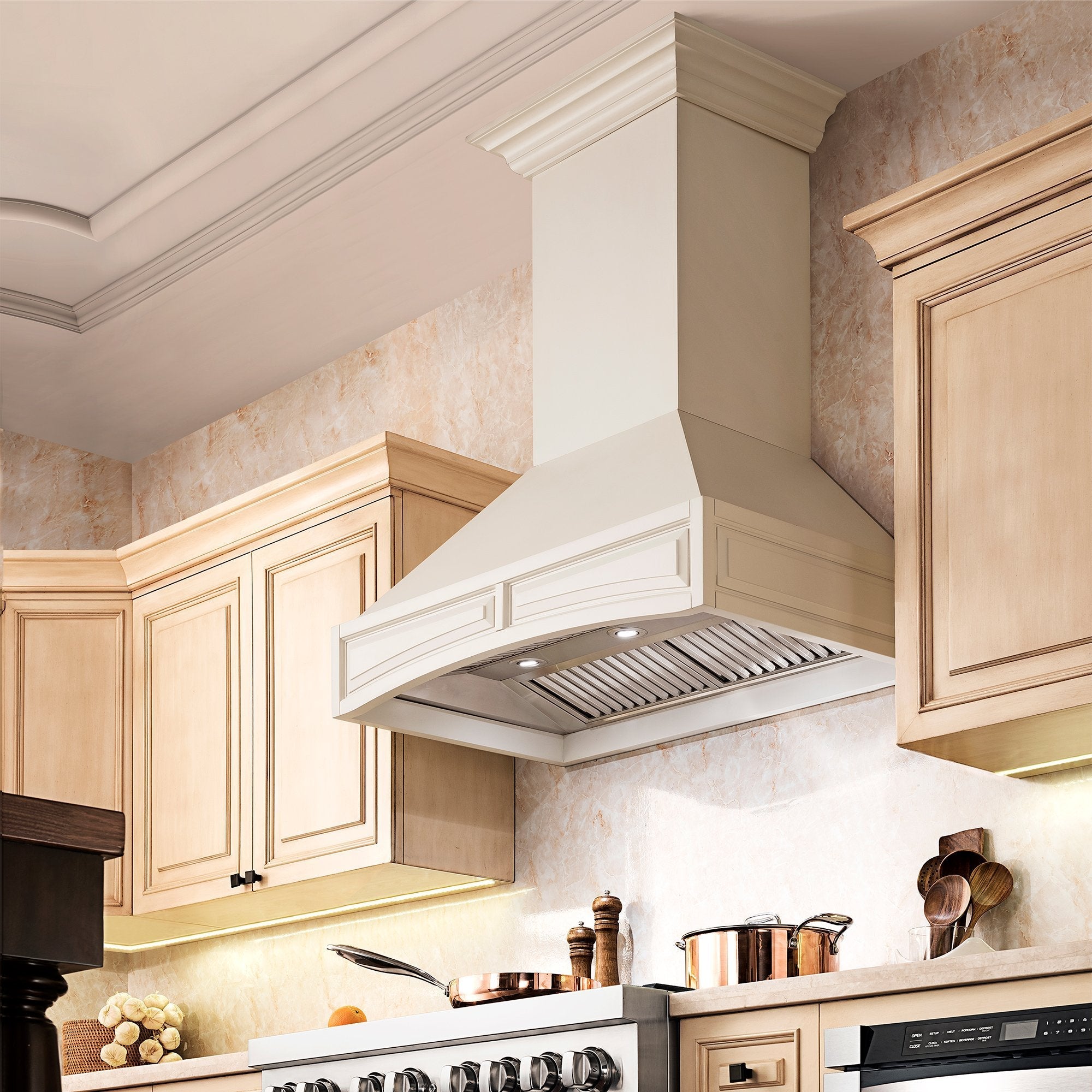 ZLINE White Wooden Wall Mount Range Hood with Powerful Motor - Perfect for Modern Kitchens, Open Shelving & Farmhouse Style Homes