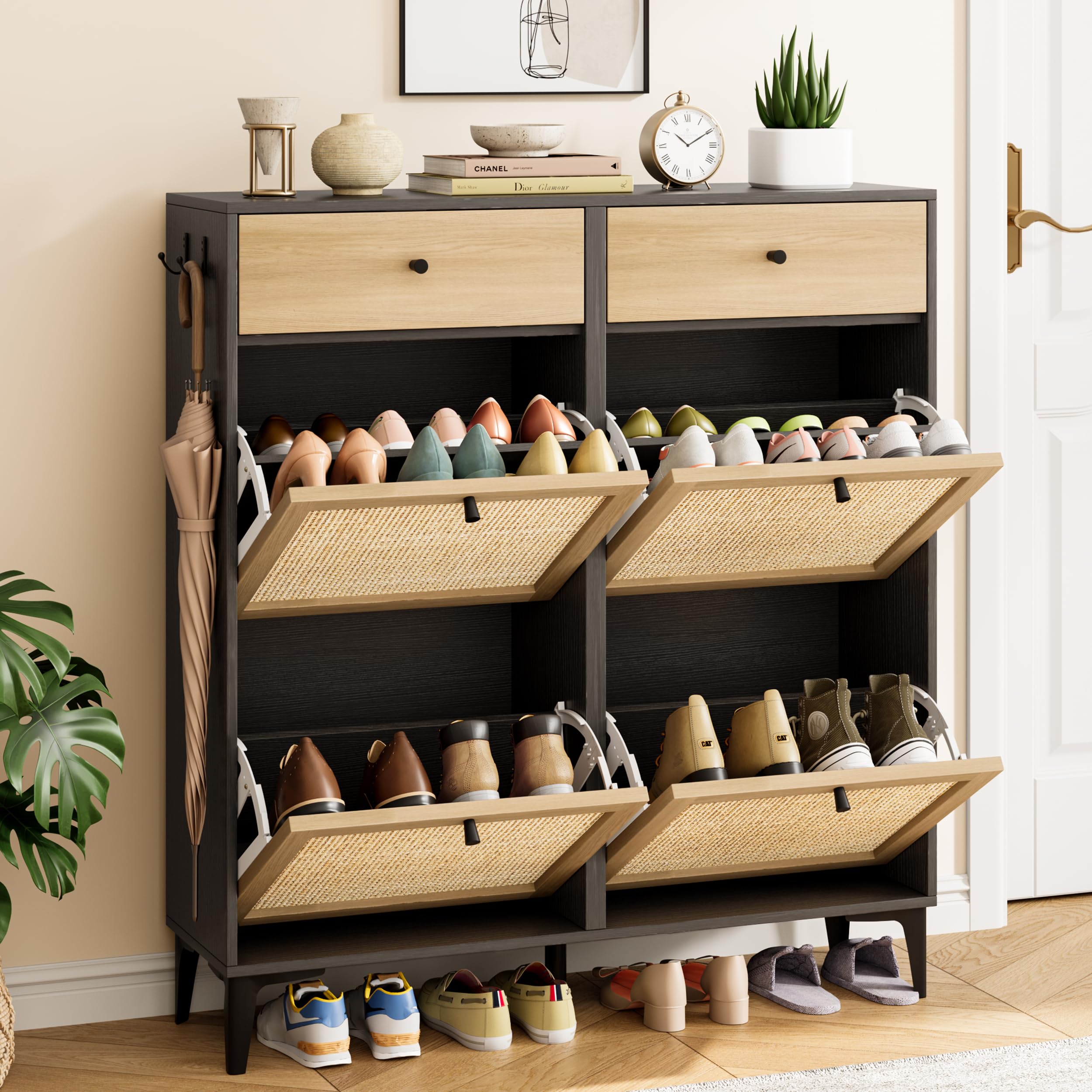 Black Rattan Shoe Cabinet with 4 Flip Drawers & 2 Drawers - Narrow Wooden Entryway Shoe Storage Organizer with Metal Legs | Freestanding Hidden Shoe Rack for Hallway, Bedroom or Closet Organization