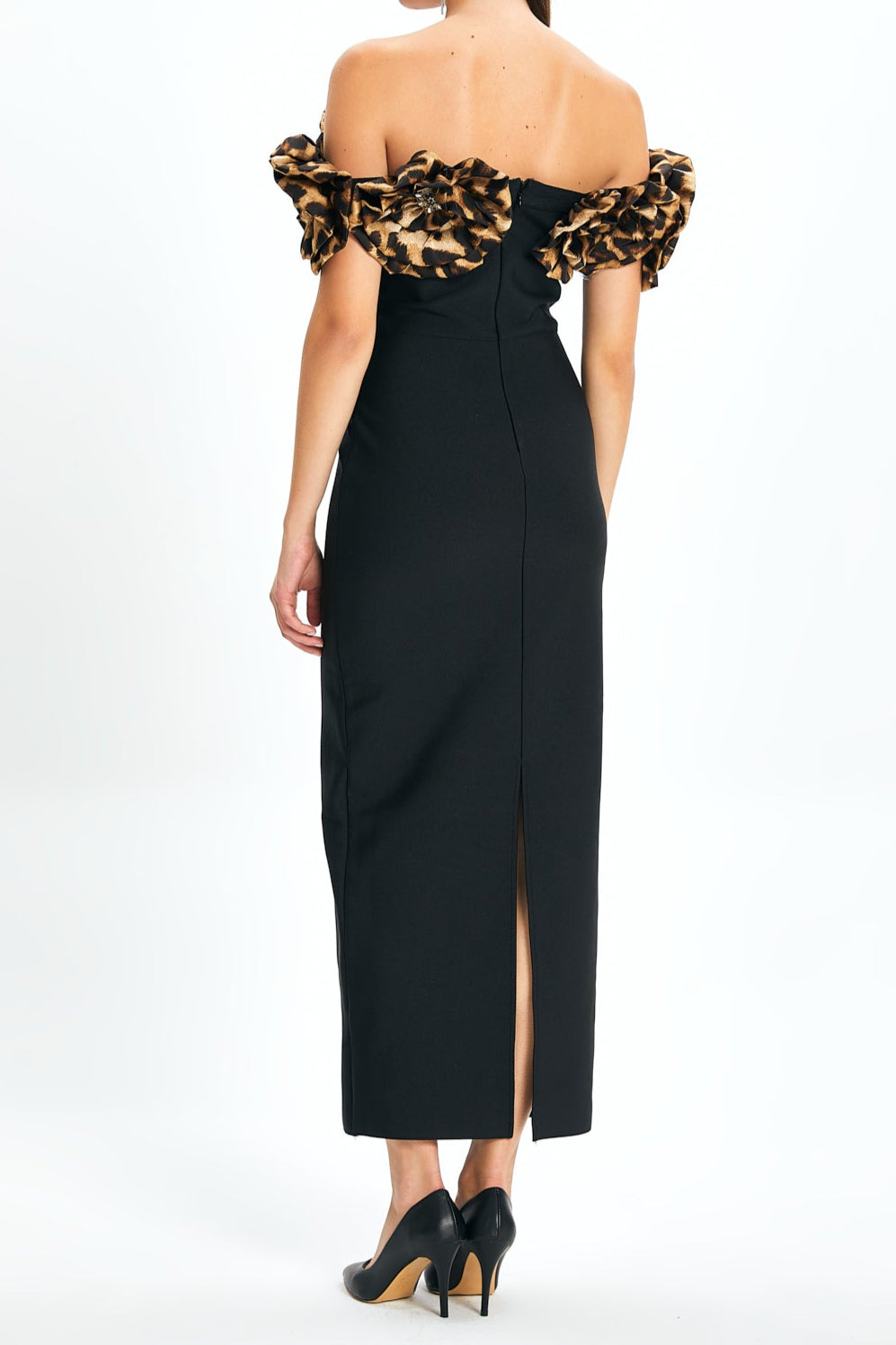3D Flower Leopard Print Bandage Maxi Dress in Black - Sexy Bodycon Evening Dress for Night Out & Party