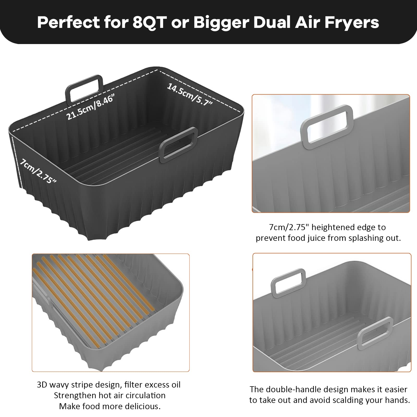 2Pcs Reusable Silicone Air Fryer Liners for Ninja Dual AF400UK AF300UK SL400UK Tower, Cookwise Instant Vortex, MONCOOK 7.6-9.5L - Non-Stick Baking Accessories for Healthy Frying & Easy Cleanup