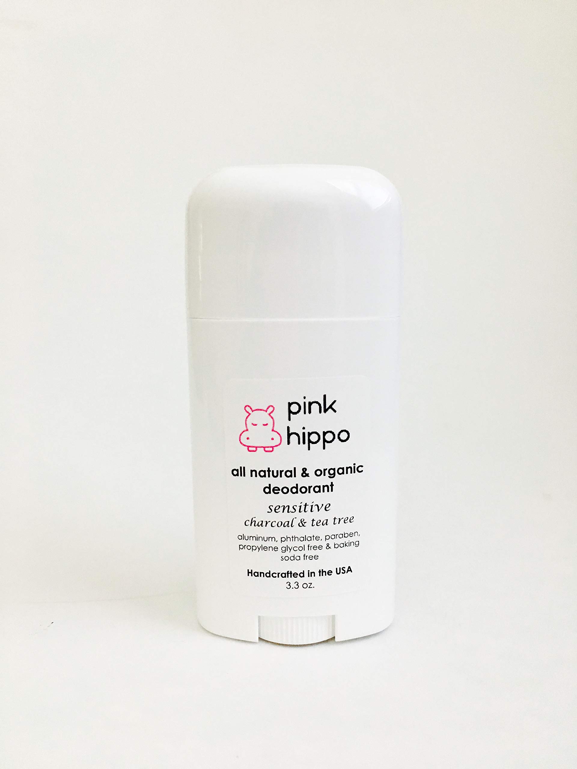 **Organic Activated Charcoal Deodorant for Sensitive Skin - Baking Soda Free, Aluminum-Free, Vegan & Natural - Pink Hippo (3.3oz) - Ideal for Daily Use & Odor Protection**