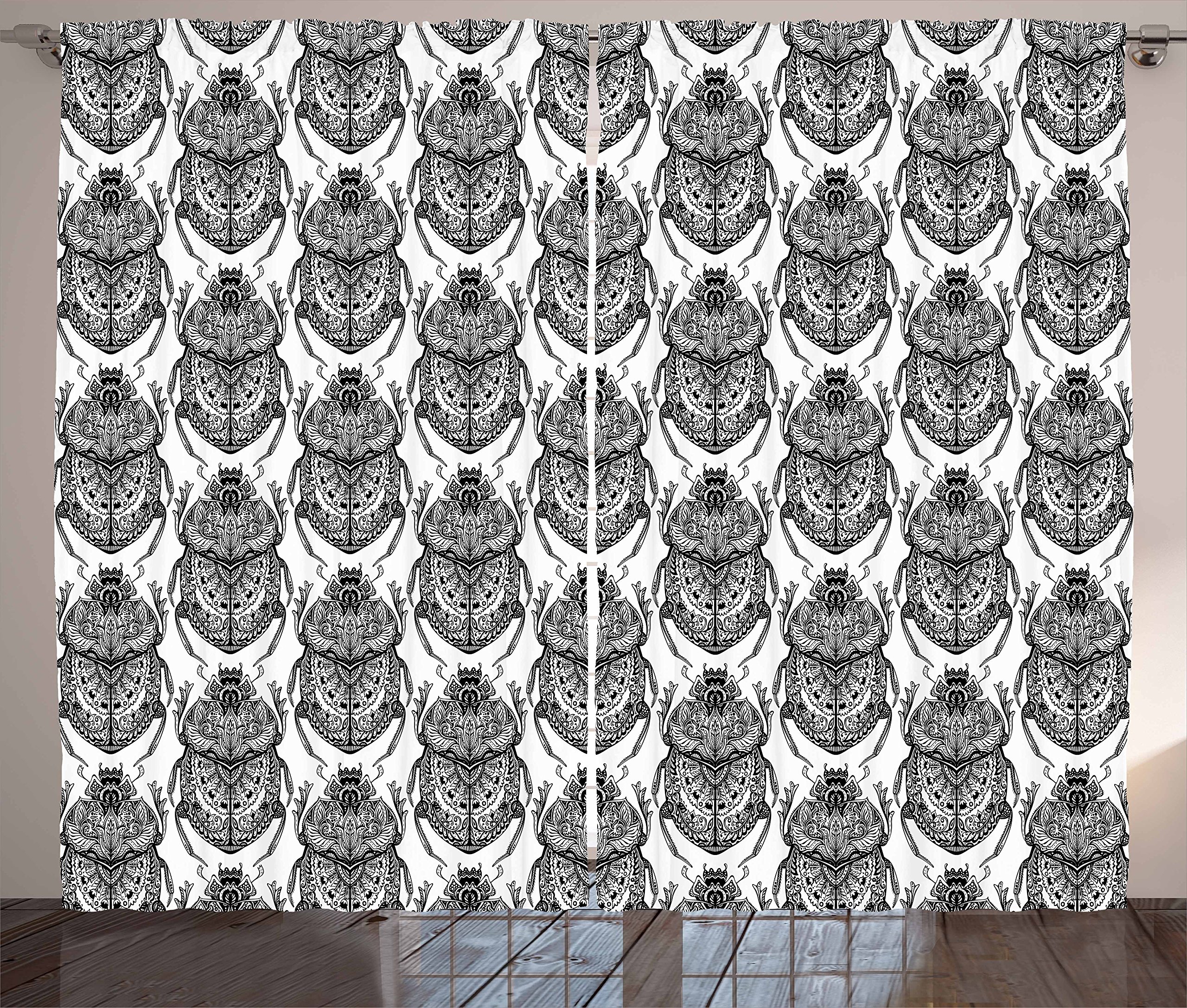 Ambesonne Egyptian Print Black White Curtains - Hand Drawn Scarab Beetle Insect Tattoo Design - 2 Panel Window Drapes 108