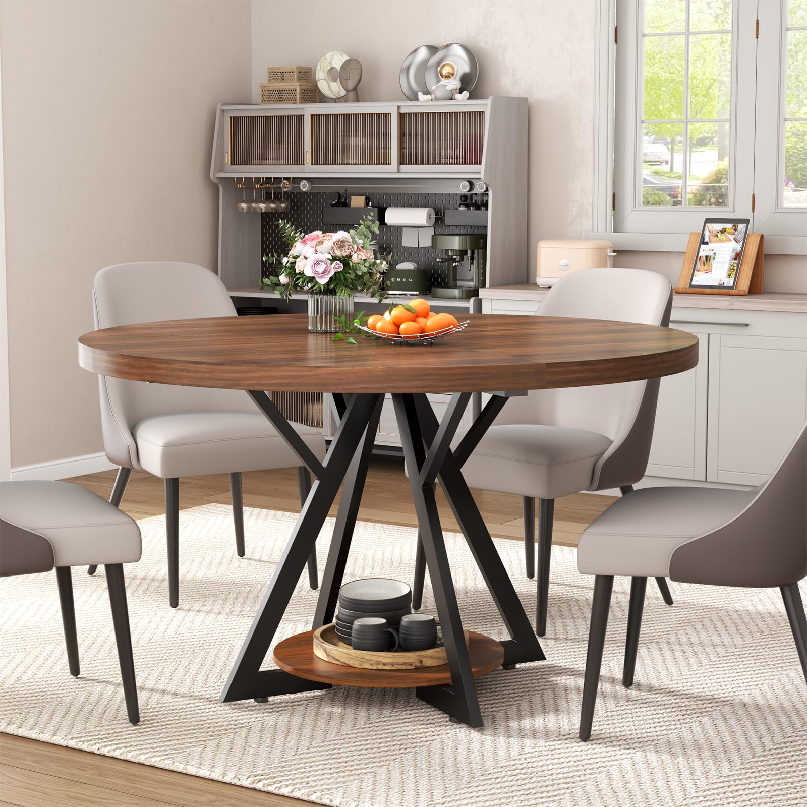 Modern Round Dining Table for 4 - 47.24 Inch Farmhouse Kitchen Table with Metal Base & Wooden Top | Adjustable Pads for Stability | Perfect for Small Spaces, Kitchen, Dining Room & Living Room