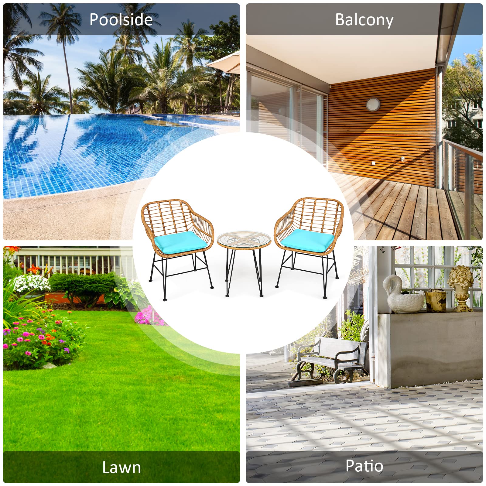 **Tangkula 3-Piece Patio Bistro Set - Rattan Wicker Conversation Set with 2 Cushioned Armchairs & Round Glass Coffee Table - Indoor/Outdoor Furniture for Balcony, Backyard, Garden, Poolside - Perfect for Relaxing, Entertaining & Outdoor Dining**