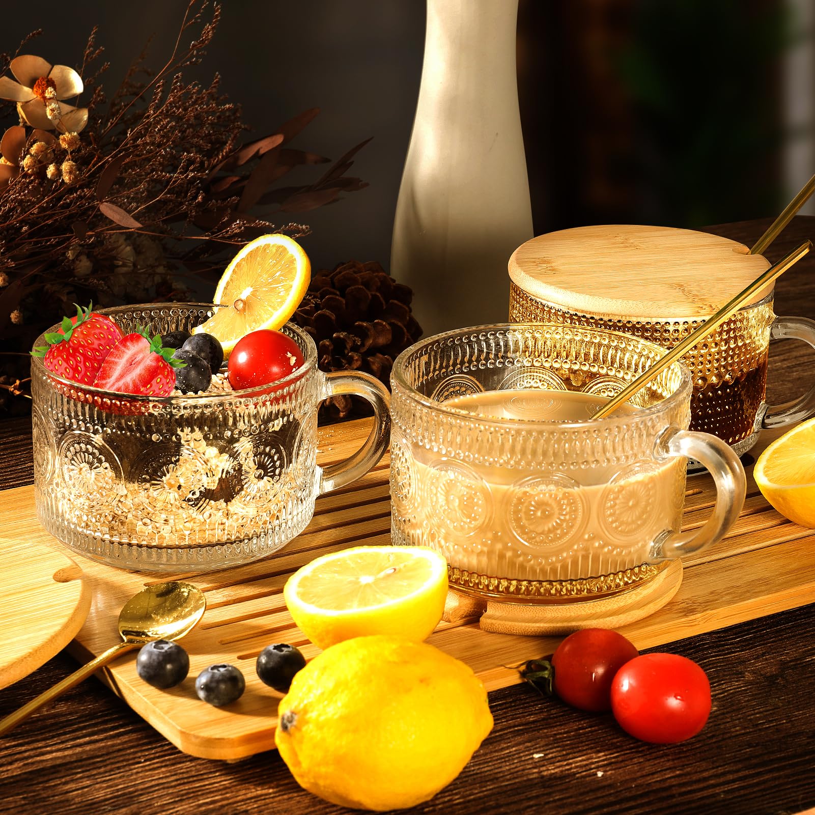 14oz Glass Coffee Mugs with Bamboo Lids & Spoons - Clear Embossed Tea Cups for Cappuccino, Latte & Overnight Oats - Perfect Coffee Bar Accessories & Christmas Thanksgiving Gifts for Home, Office or Cafe Use