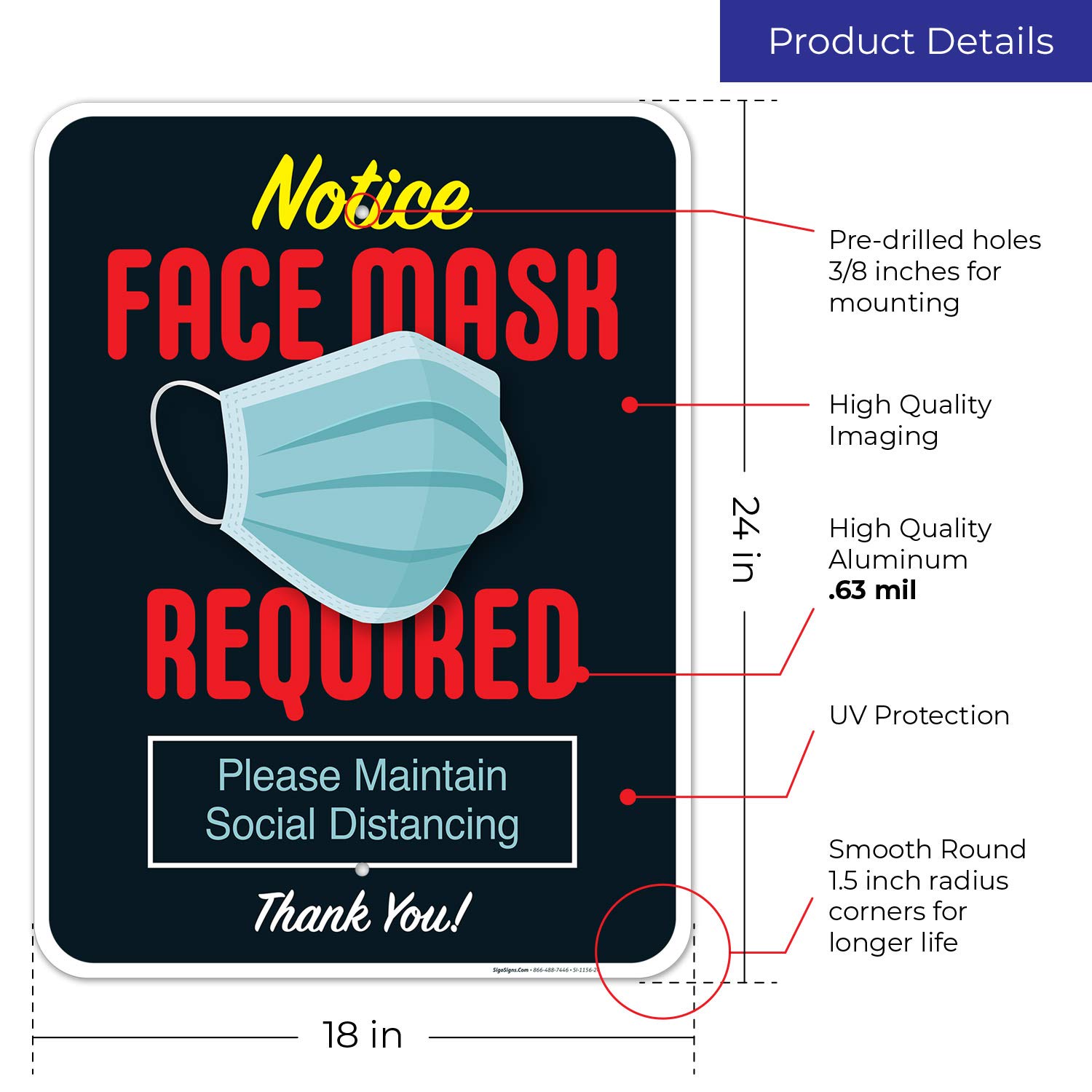 COVID-19 Safety Signs - 18x24 Inch Mask Required & Social Distancing Aluminum Sign | Rust-Free .063 Gauge, Weatherproof for Indoor/Outdoor Use | Easy Mounting, Made in USA | Perfect for Stores, Offices & Public Spaces